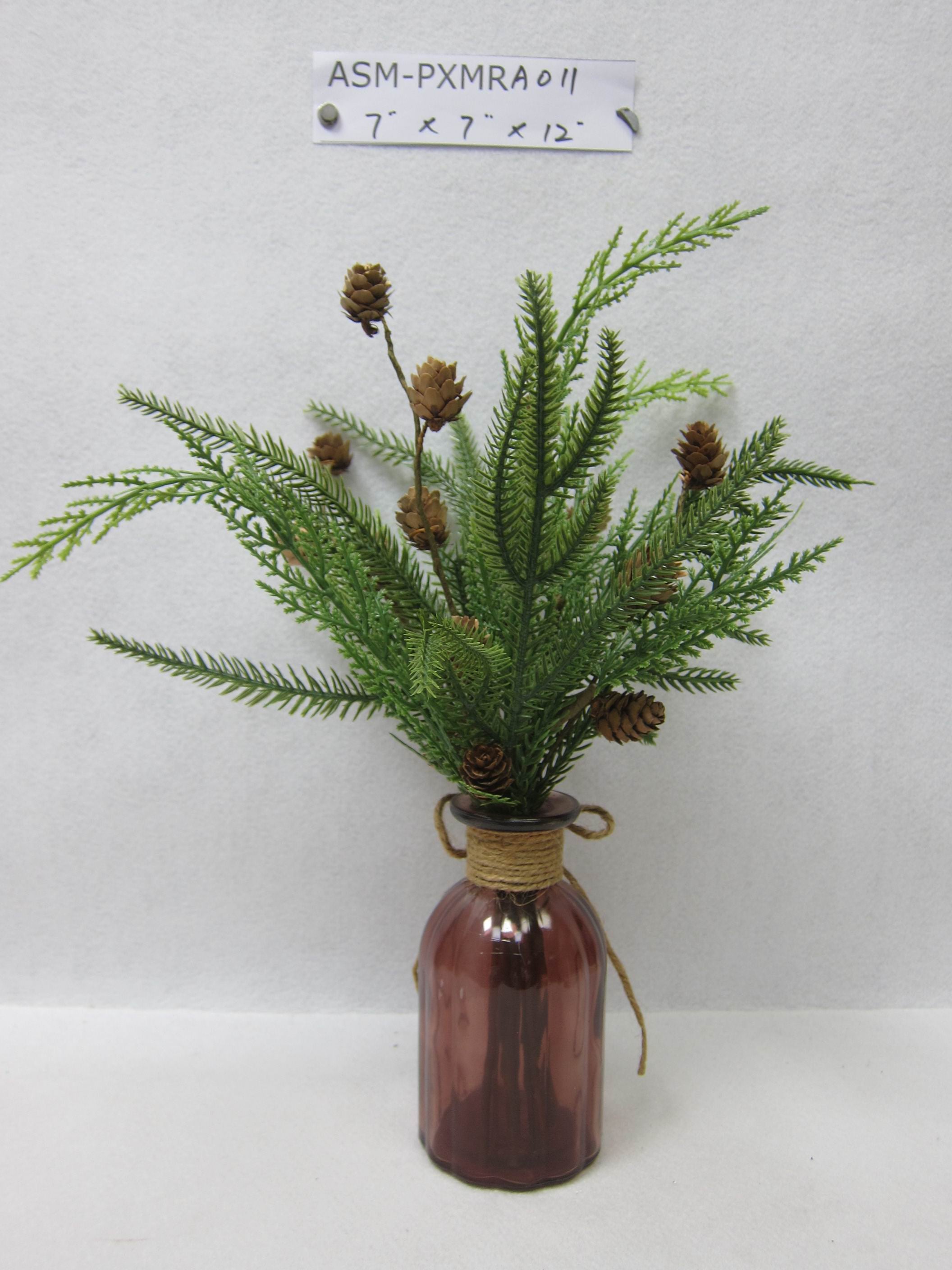 12"H Pine Needle with Cones Arrangements in a Glass Vase