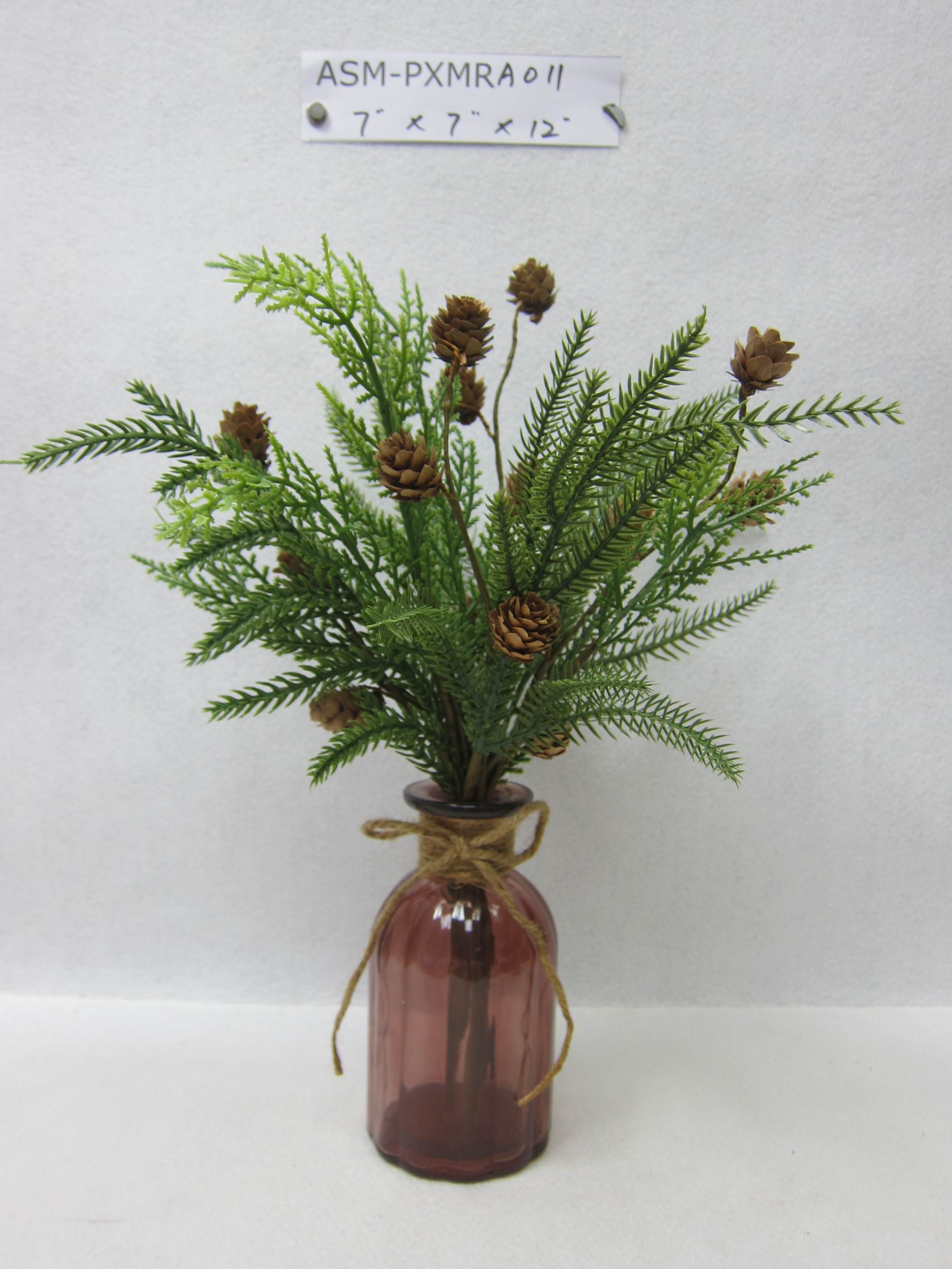 12"H Pine Needle with Cones Arrangements in a Glass Vase