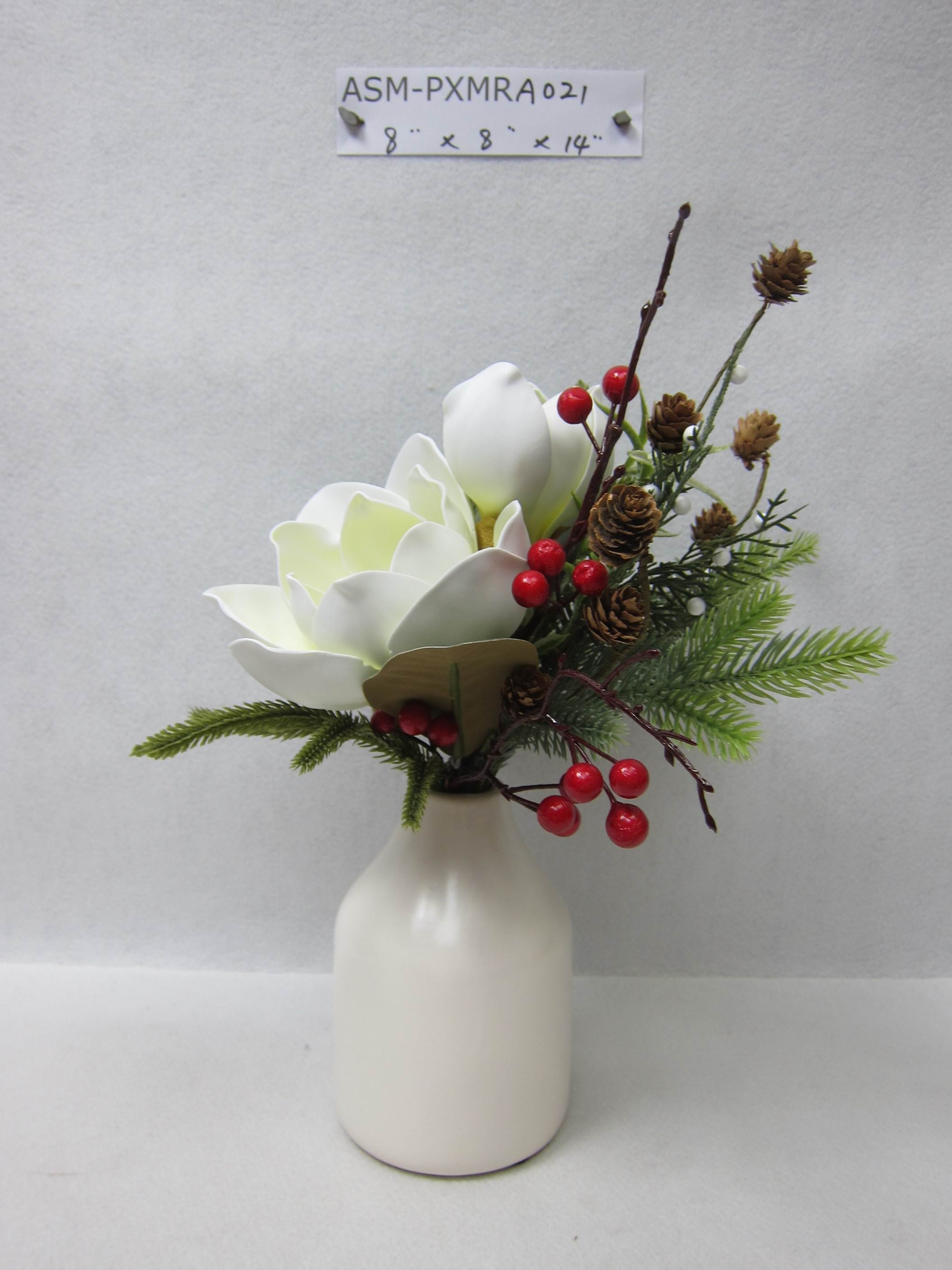 14"H  Artificial Magnolia Flower Arrangements on Ceramic Vase