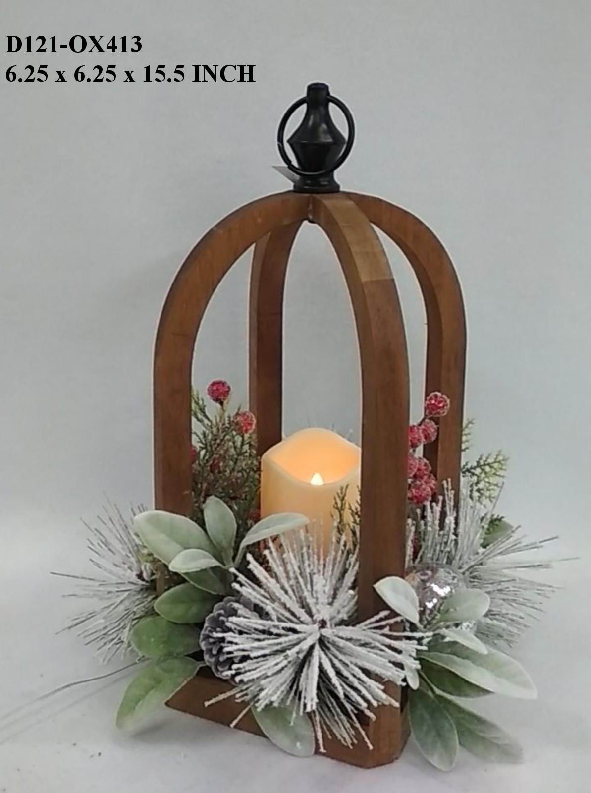 15"H. Hanging Wood Lantern with Candle & Florals