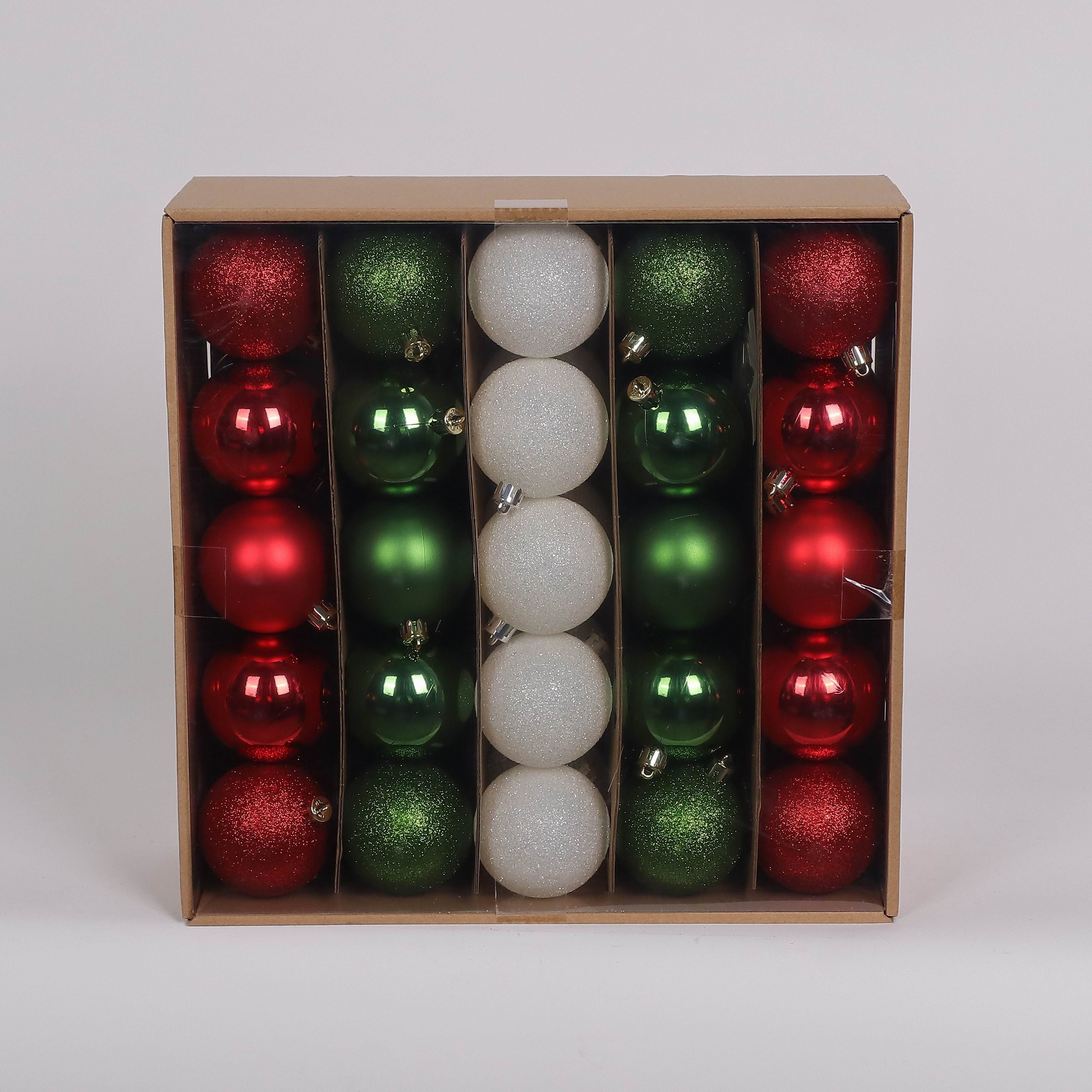 50 Shatterproof Ornaments box set - Red, Green and White