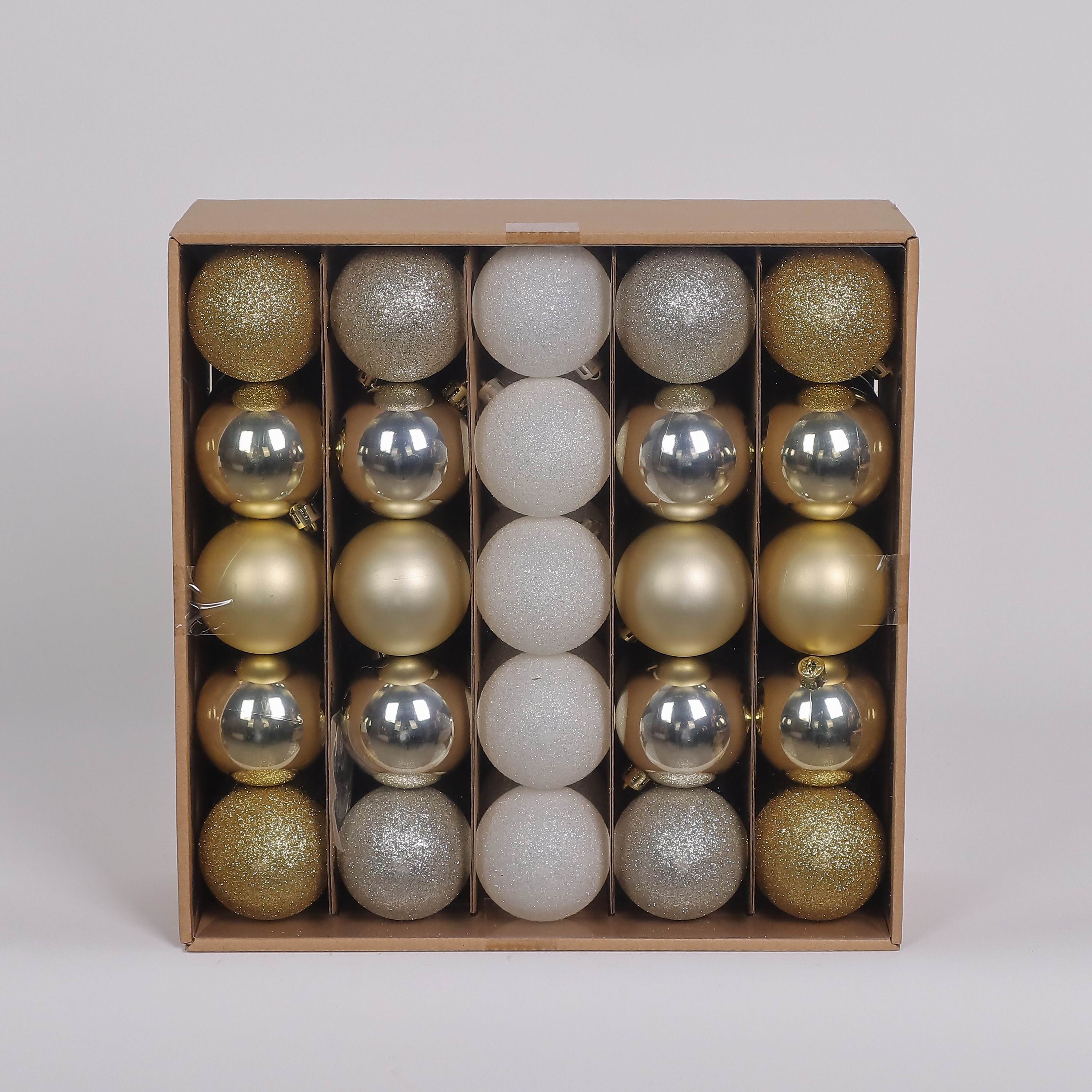50 Shatterproof Ornaments box set - Gold, Silver and White