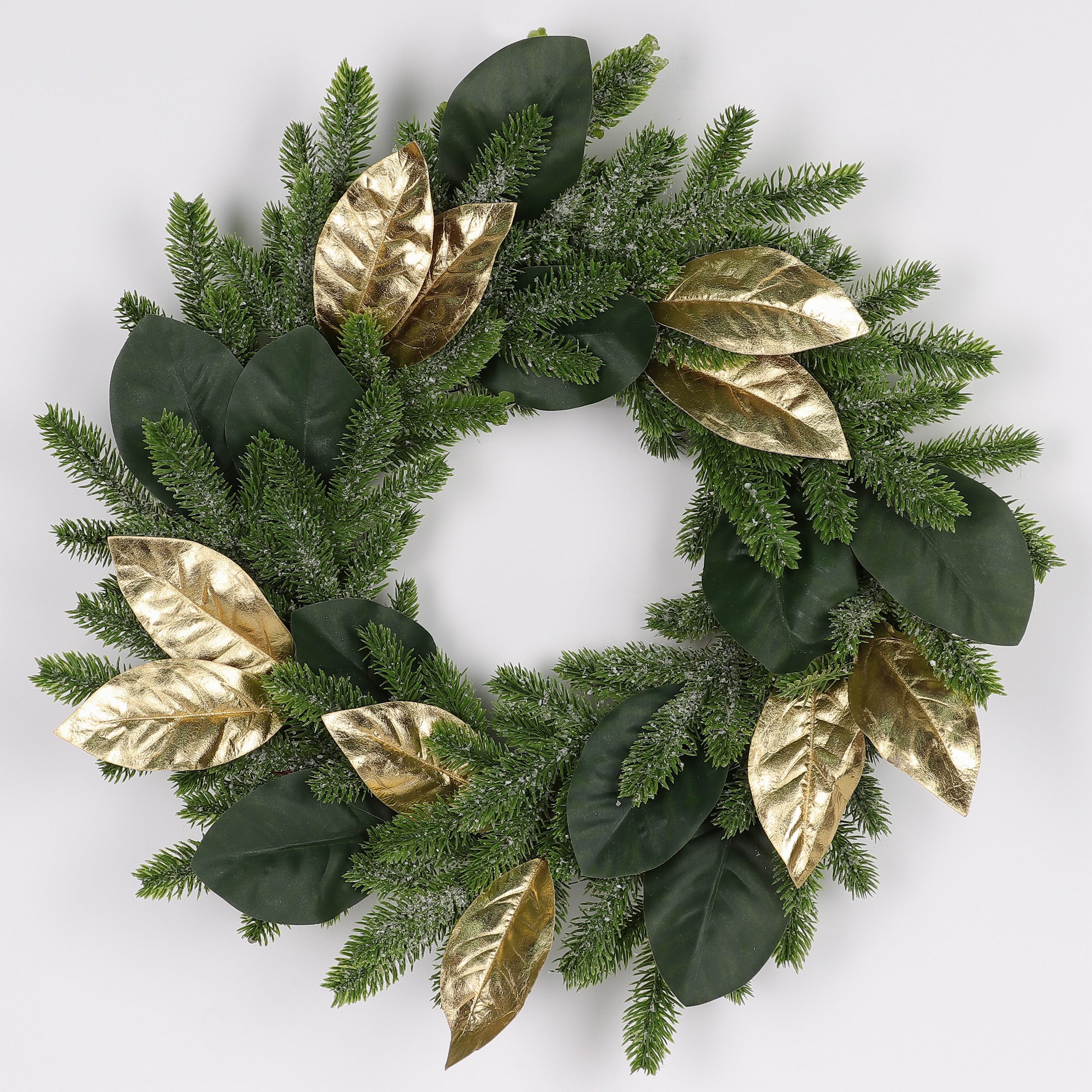 24 X 24 X 5"H ARTIFICIAL PINE W/GOLD LEAVES CHRISTMAS WREATH