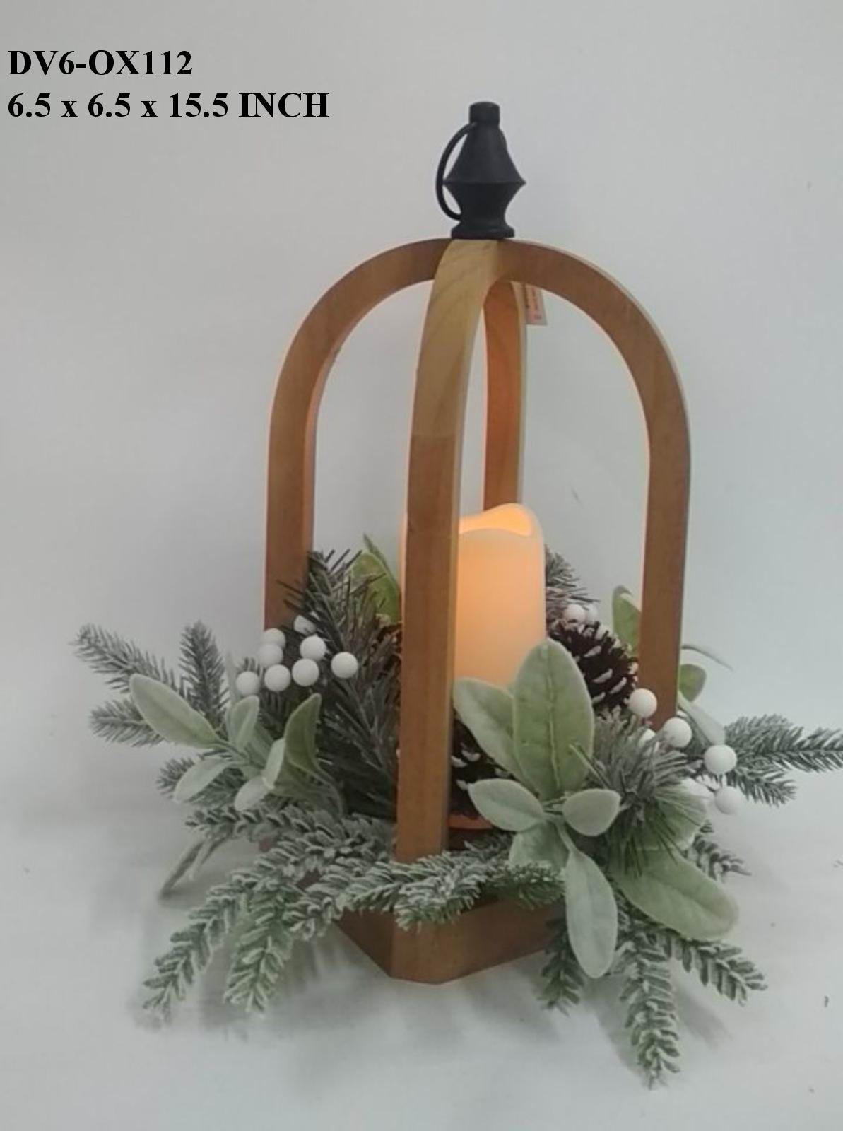 15.5"H. Christmas Wood Lantern with Candle & Floral Arrangements
