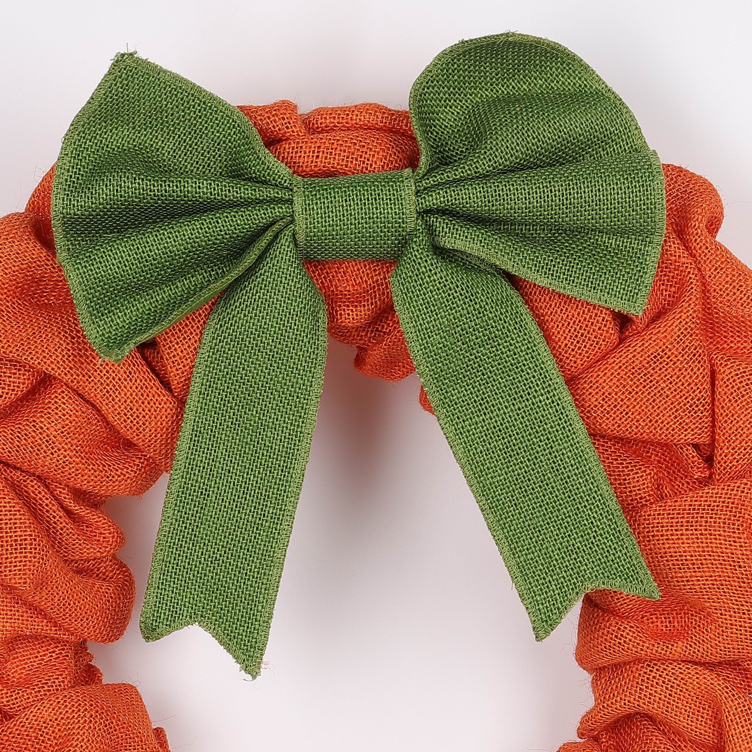 22 X 22 X 4"H Halloween Orange Burlap with Green Bow Wreath