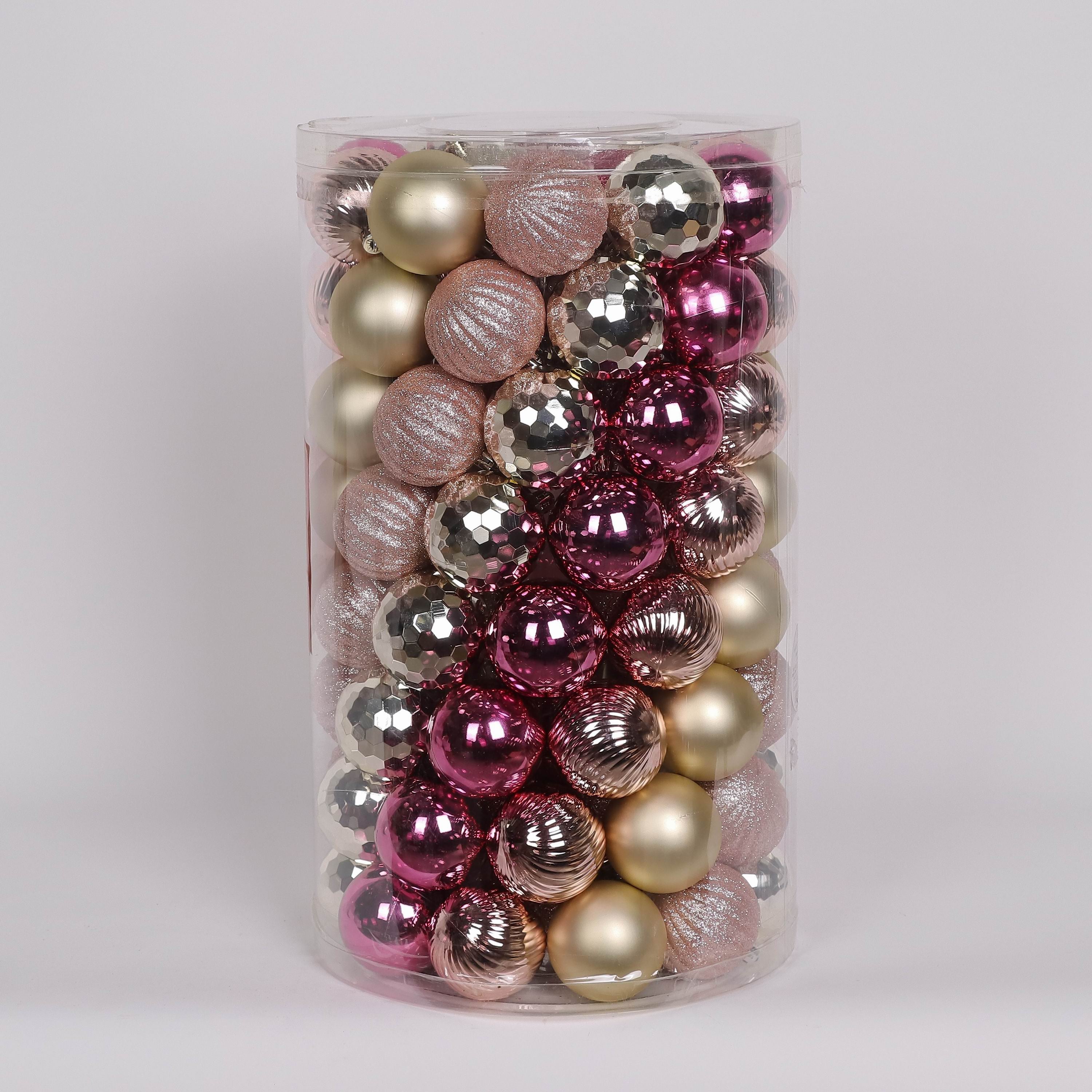 100 Shatterproof Ornaments box set - Pink, Silver and Gold