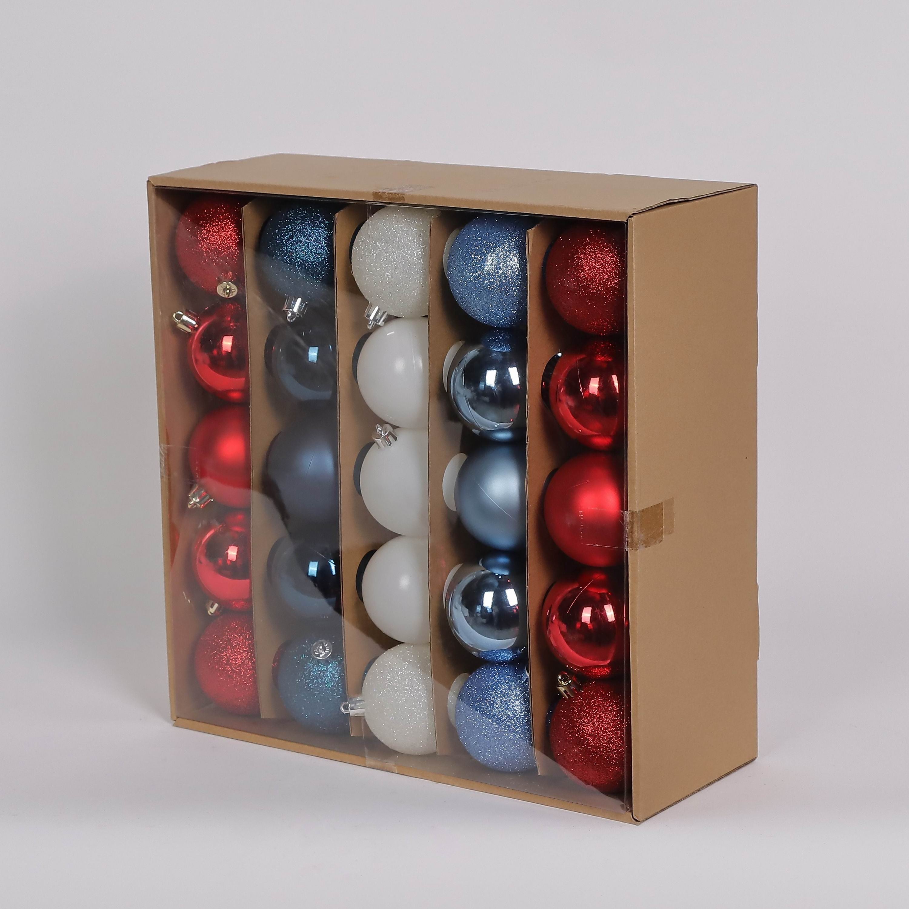 50 Shatterproof Ornaments box set - Red, Blue and White