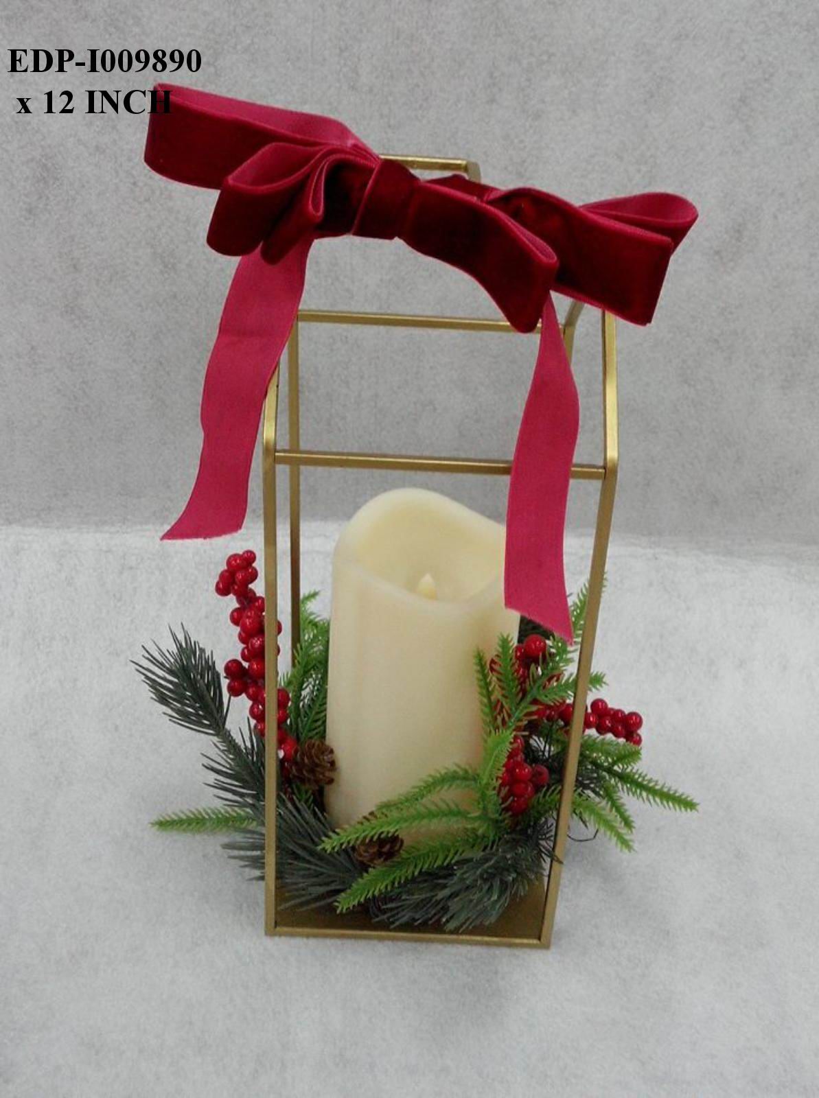 12"H. Gold Metal Frame Lantern with Bow & Candle