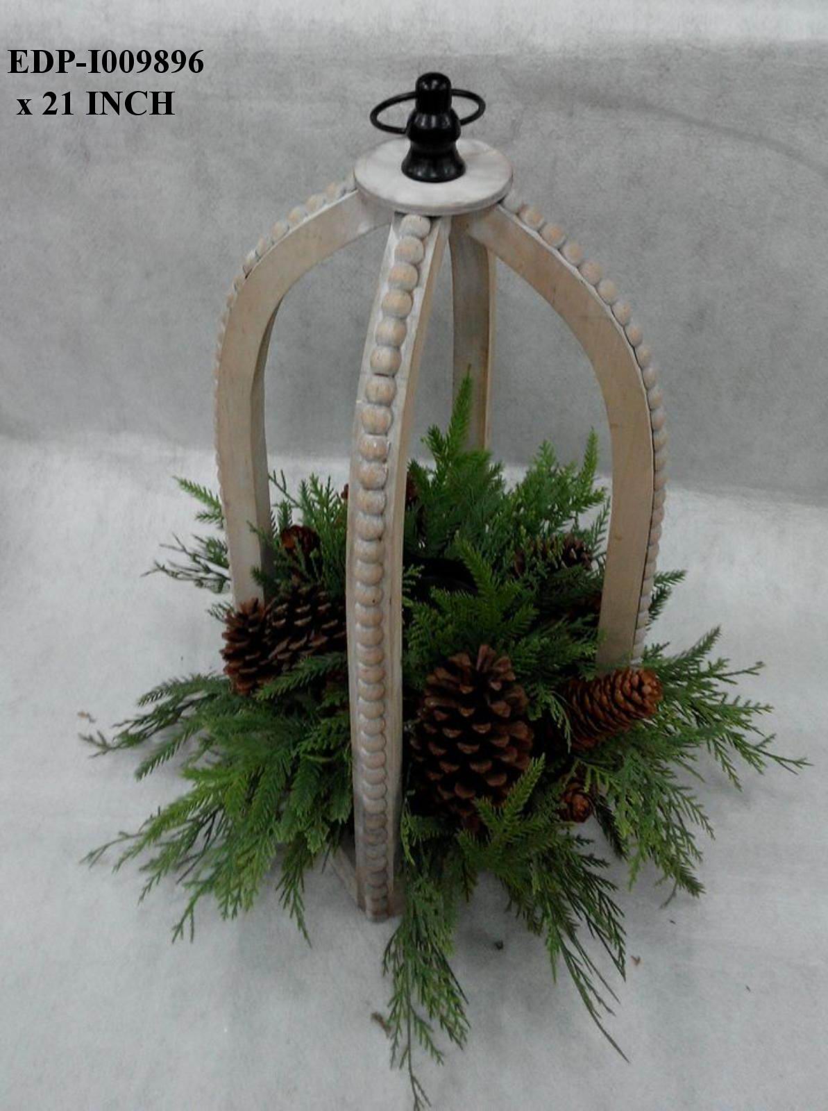 21"H. Wood Frame Lantern with PVC/Pinecones Arrangements
