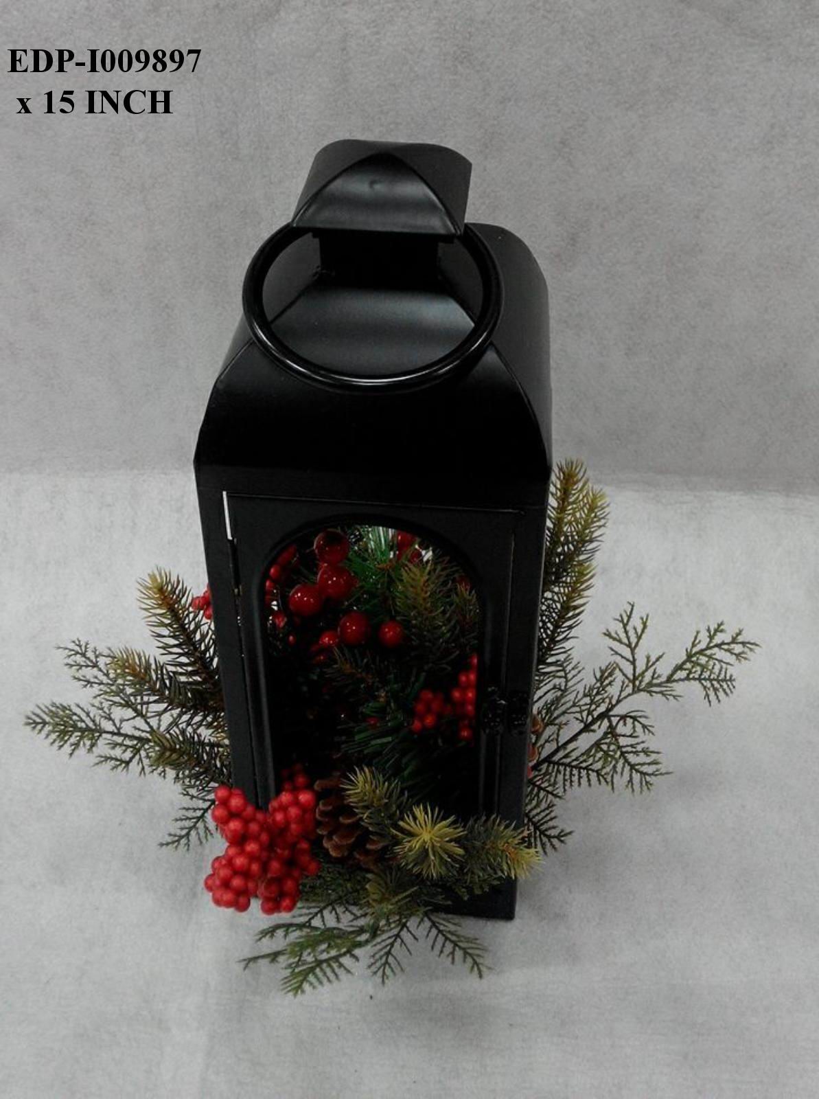 15"H. Black Metal Lantern with Christmas Floral Arrangements