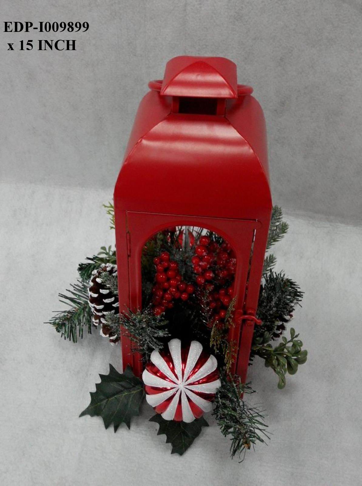 15"H. Red Metal Lantern with Christmas Floral Arrangements