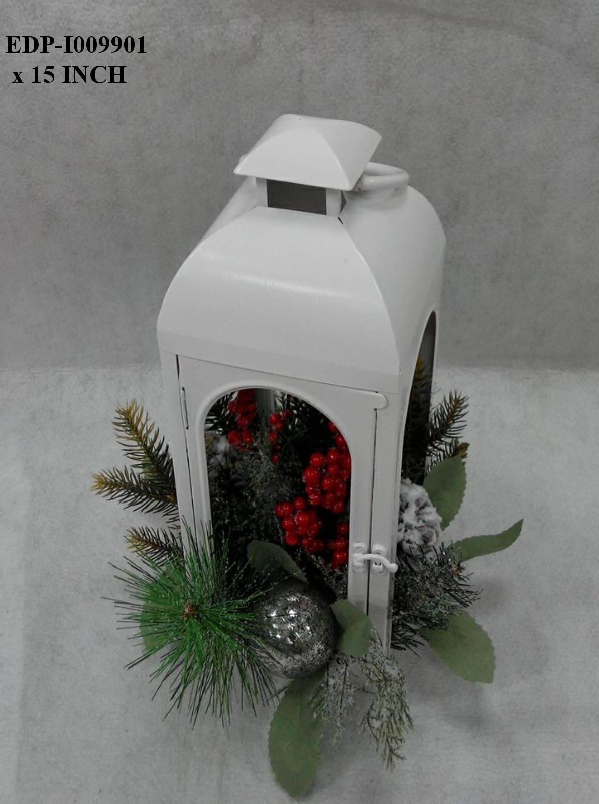 15"H. White Metal Lantern with Christmas Floral Arrangements