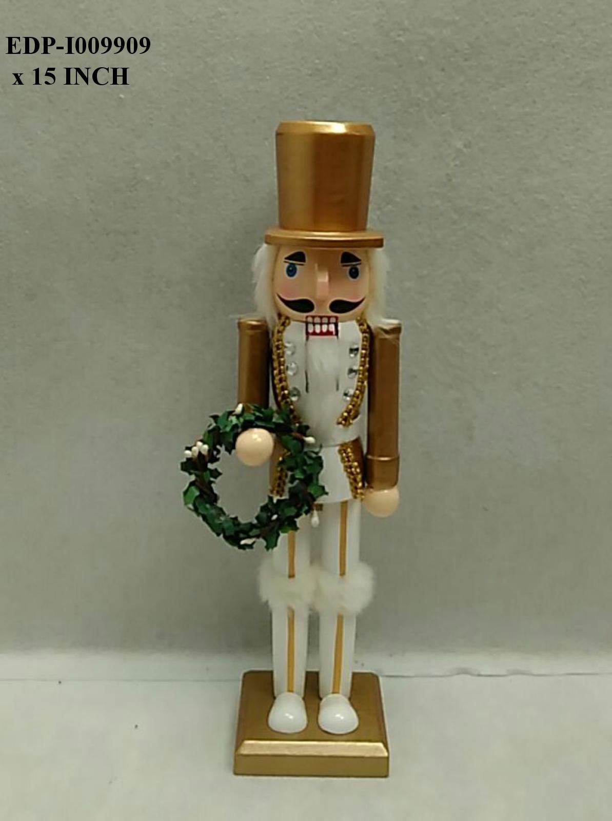 15"H. Traditional White/Gold Nutcracker Holding a Wreath