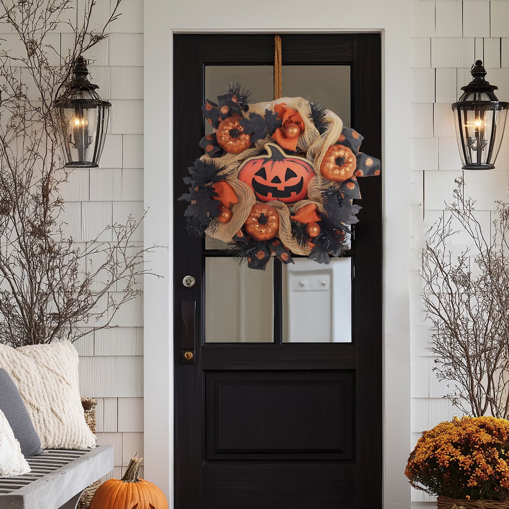 16" Halloween Pumpkins & Black Leaves Wreath