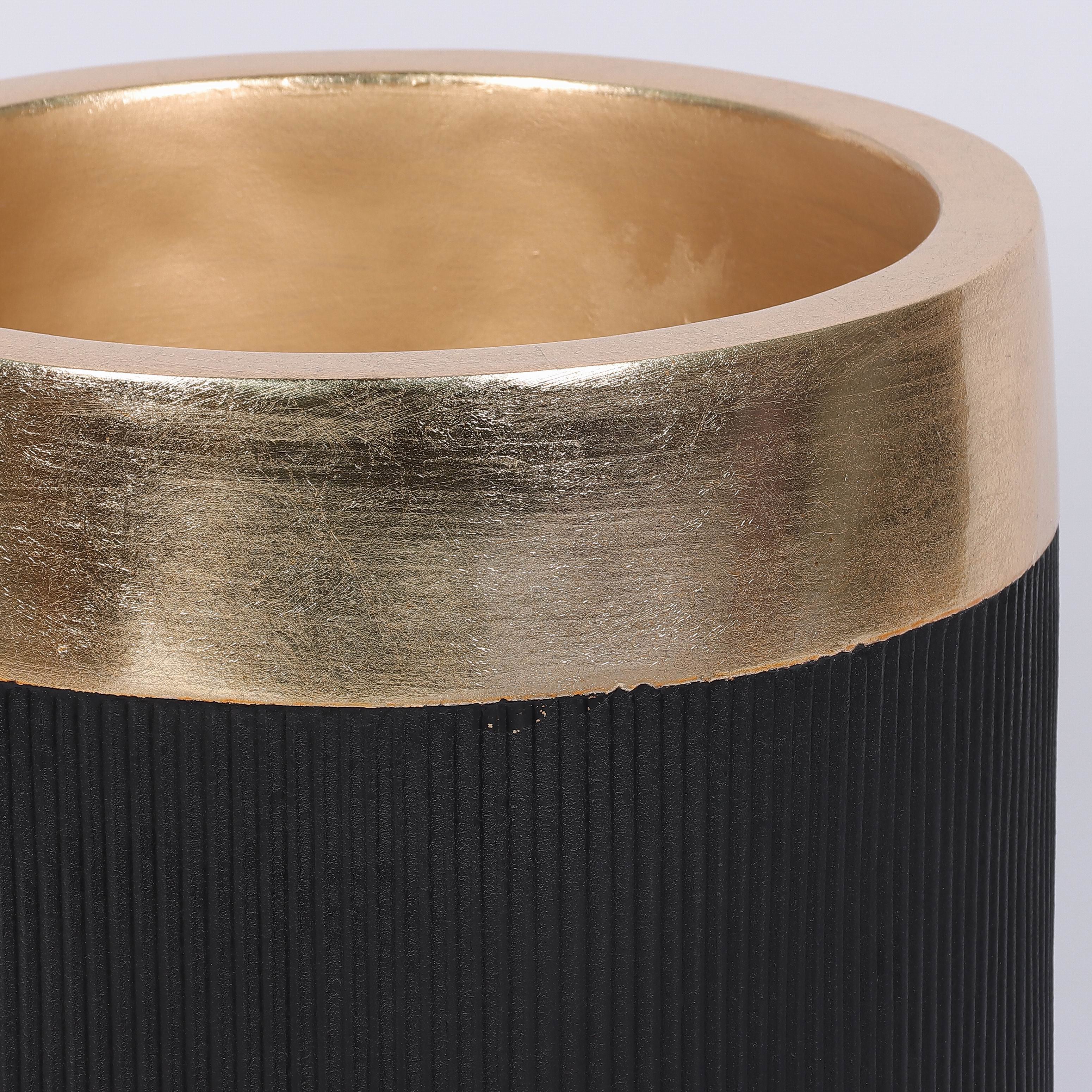 15.366 X 15.366 X 23.64"H BLACK PLANTER W/ SHINY GOLD EDGE