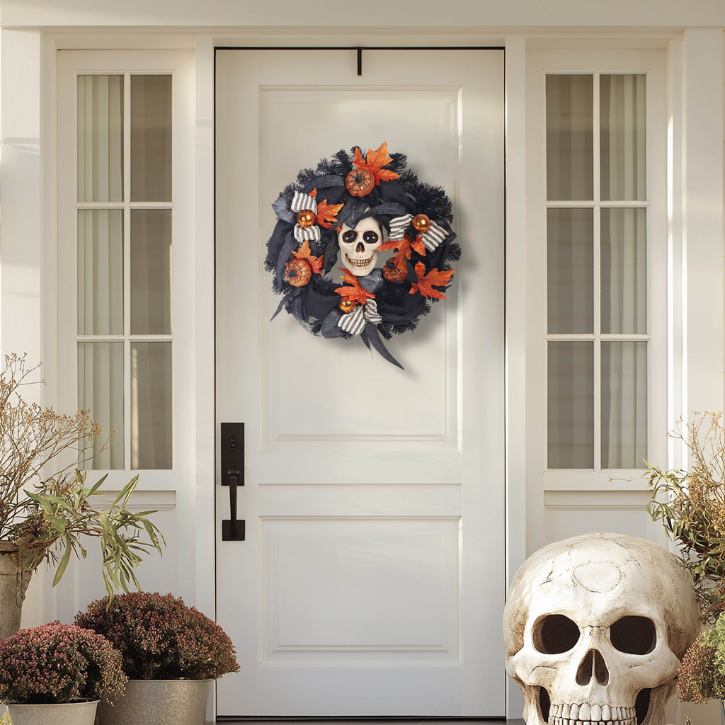 18" Halloween Wreath with Skull & Fall Leaves