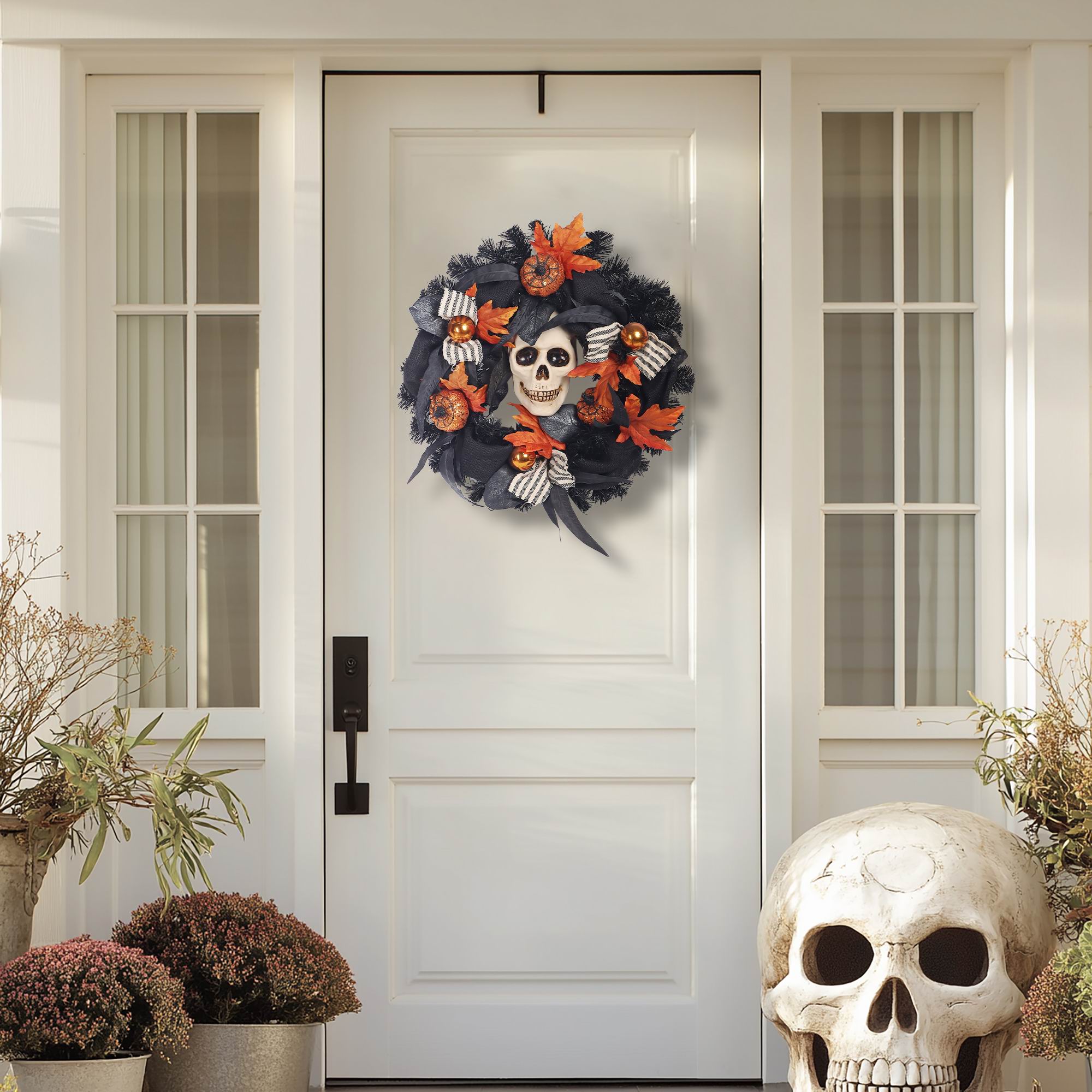 18" Halloween Wreath with Skull & Fall Leaves