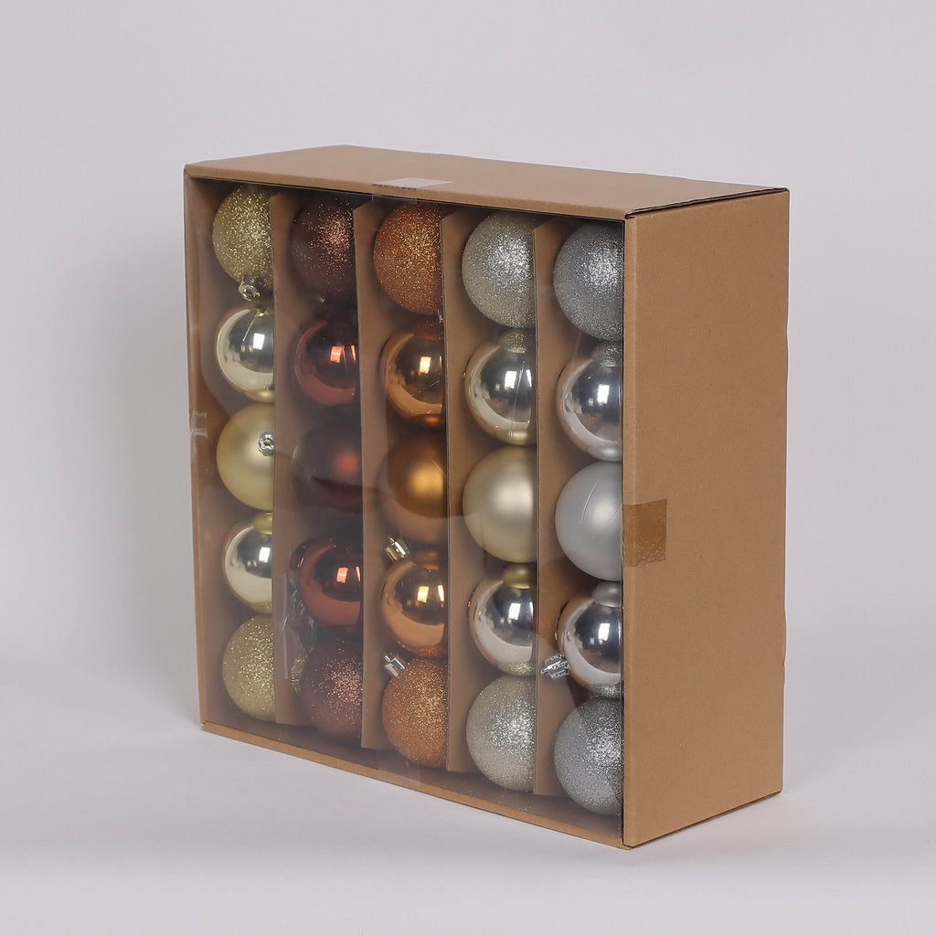 50 Shatterproof Ornaments box set - Silver, Orange and Gold
