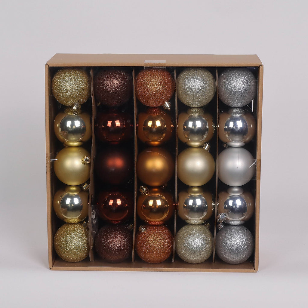 50 Shatterproof Ornaments box set - Silver, Orange and Gold