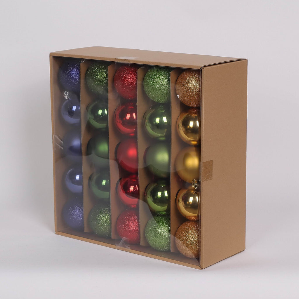 50 Shatterproof Ornaments box set - Royal blue, Green, Red and Orange