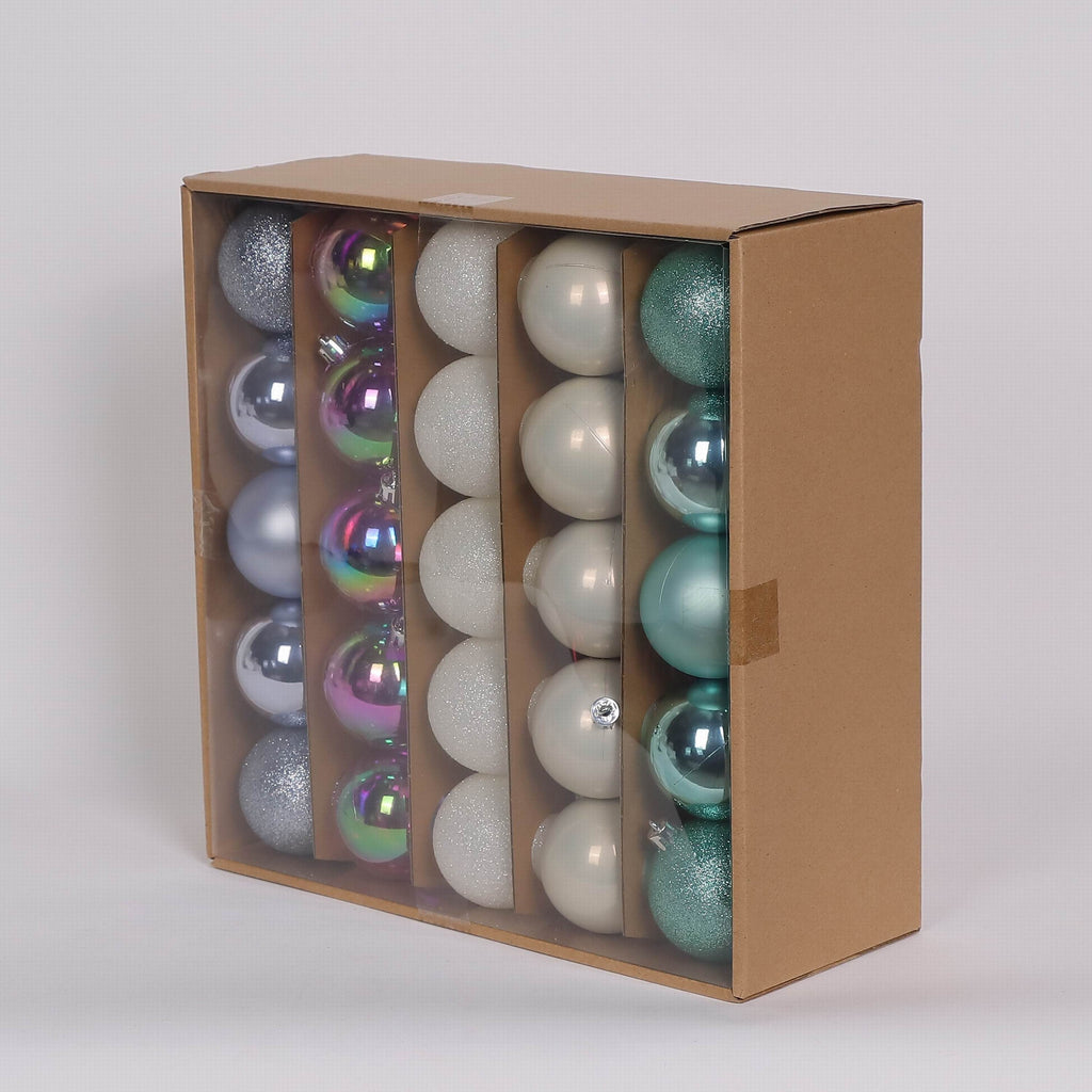 50 Shatterproof Ornaments box set - Turquoise, White, Iridescent and Light Blue Grey