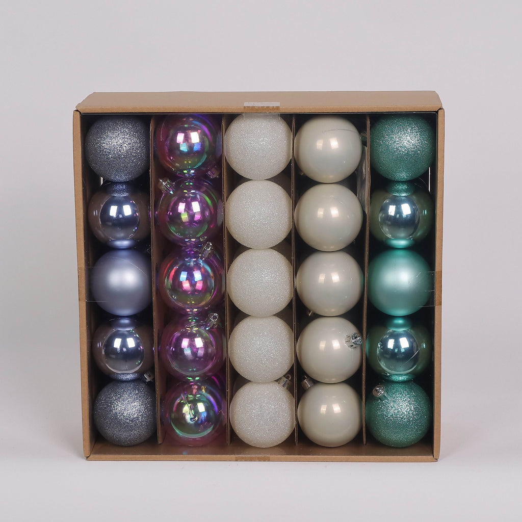 50 Shatterproof Ornaments box set - Turquoise, White, Iridescent and Light Blue Grey