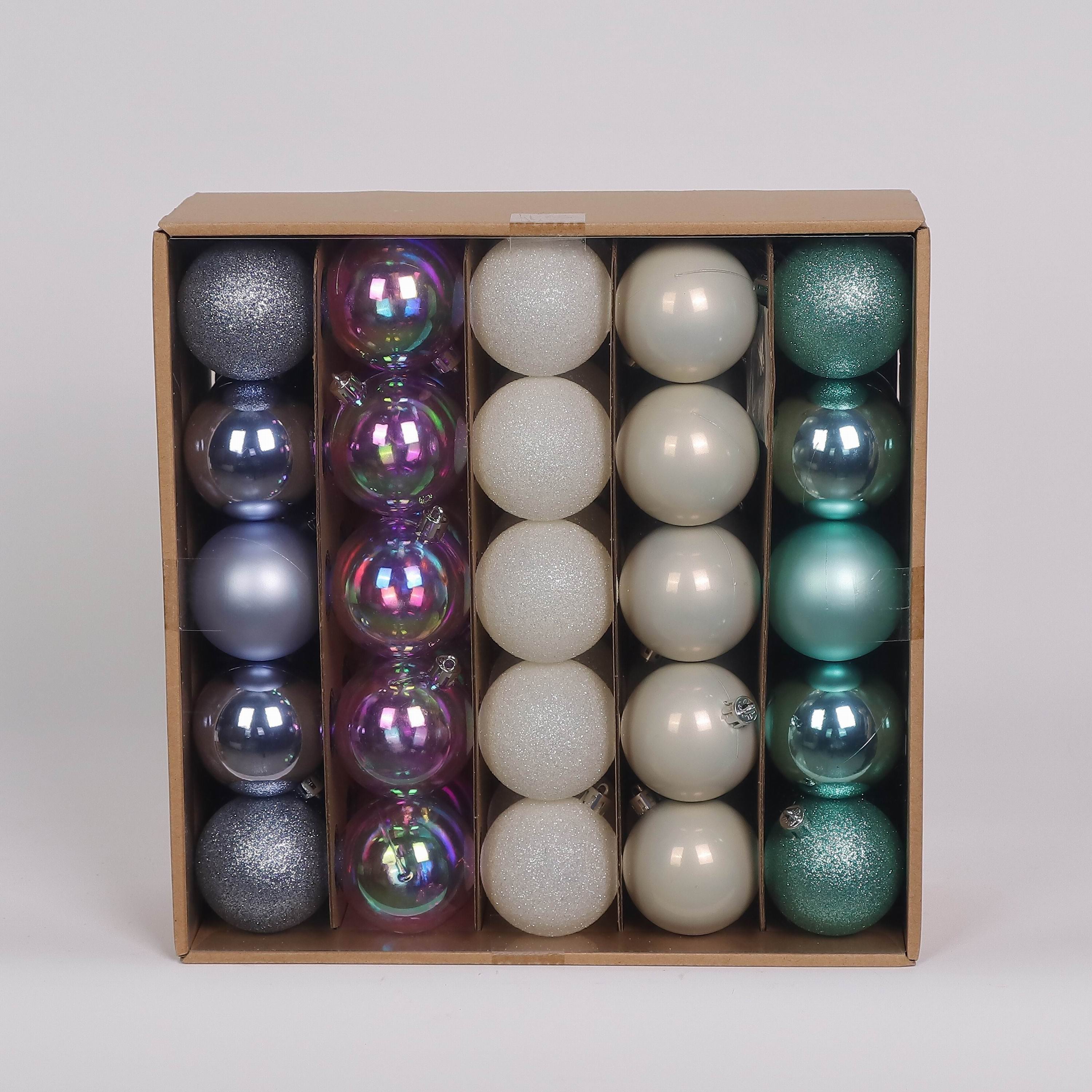 50 Shatterproof Ornaments box set - Turquoise, White, Iridescent and Light Blue Grey