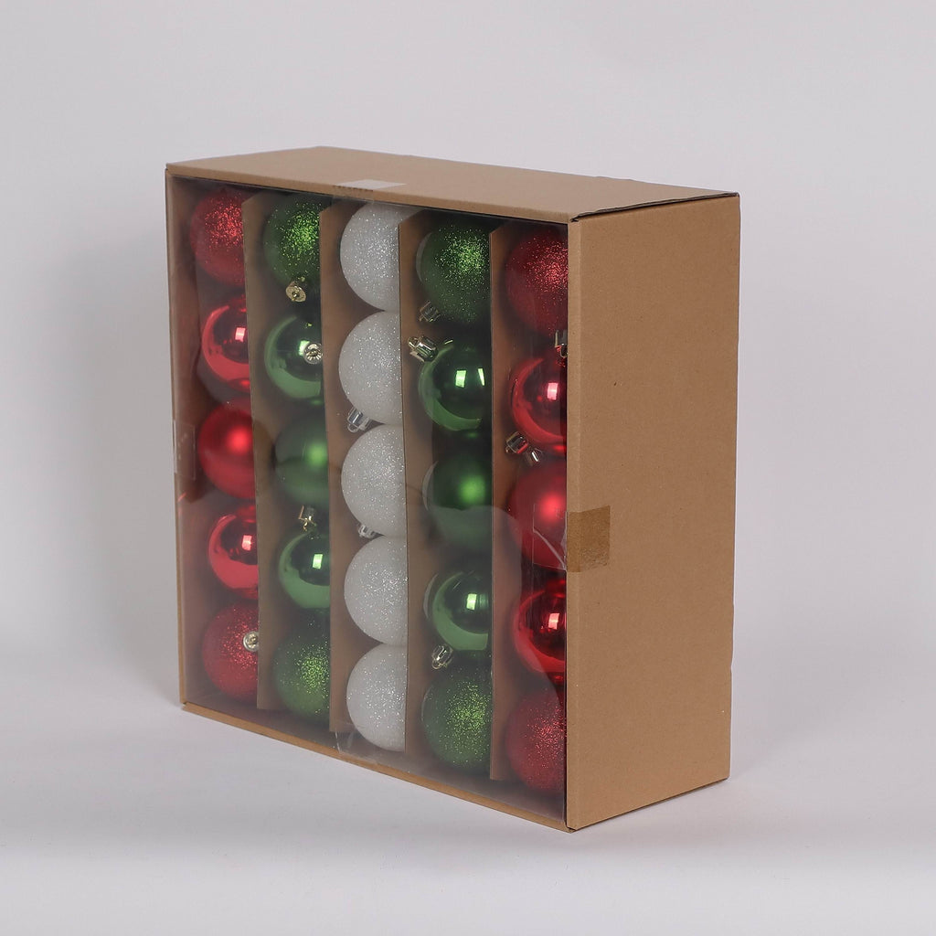 50 Shatterproof Ornaments box set - Red, Green and White