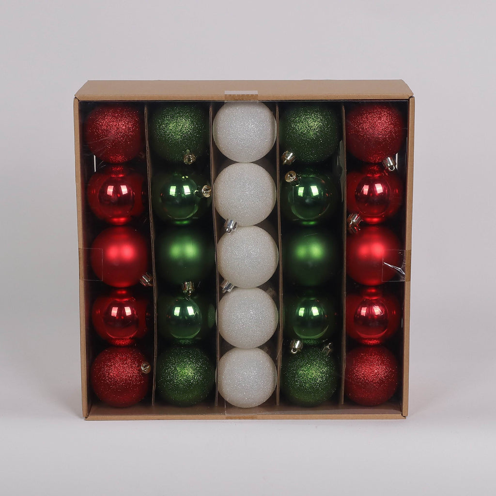 50 Shatterproof Ornaments box set - Red, Green and White