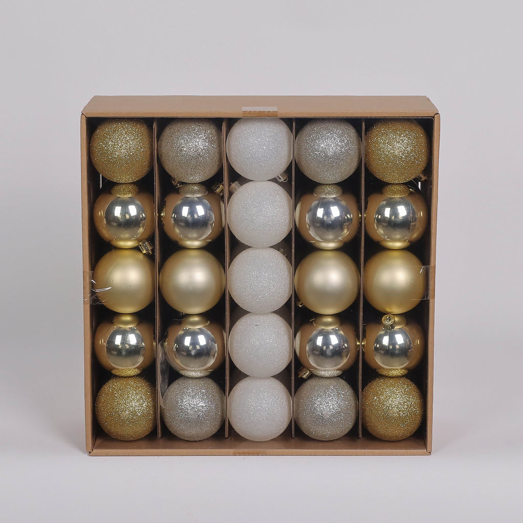 50 Shatterproof Ornaments box set - Gold, Silver and White