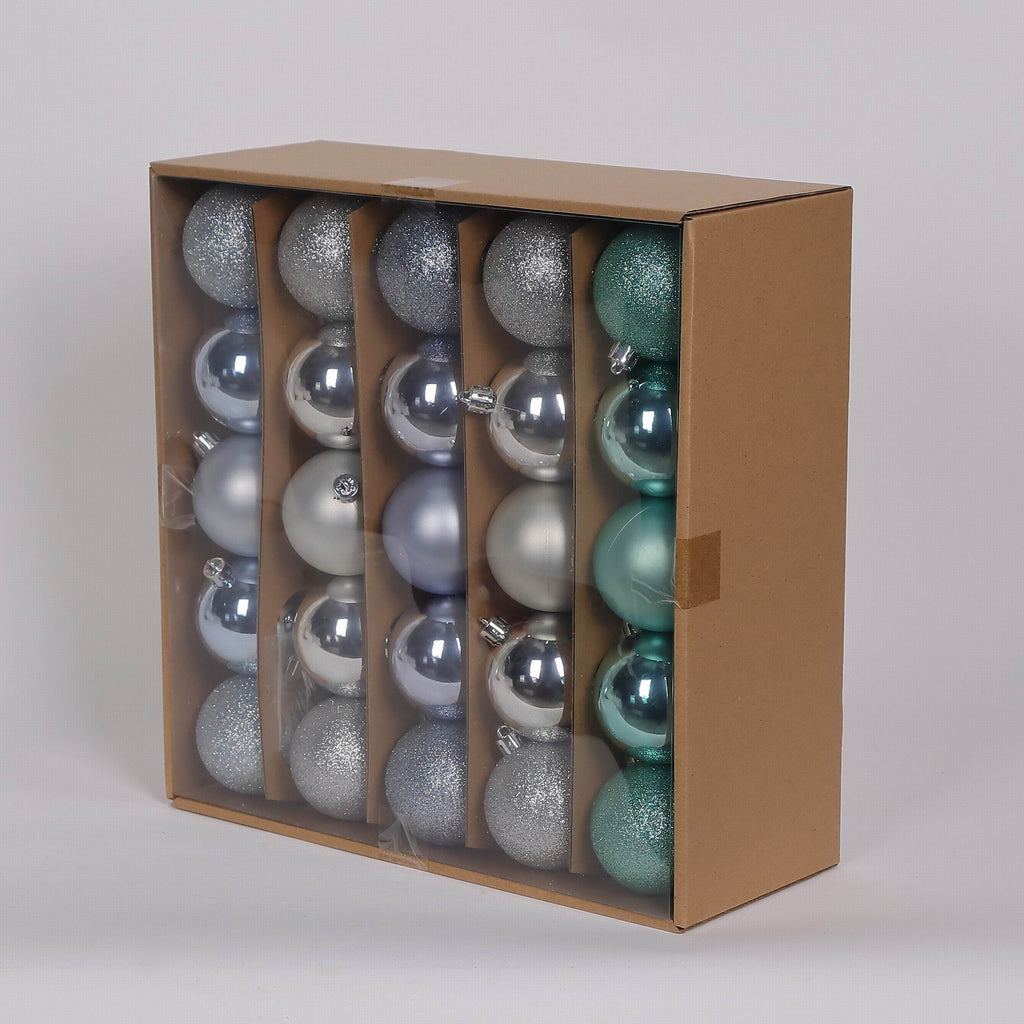 50 Shatterproof Ornaments box set - Light Blue, Silver and Turquoise