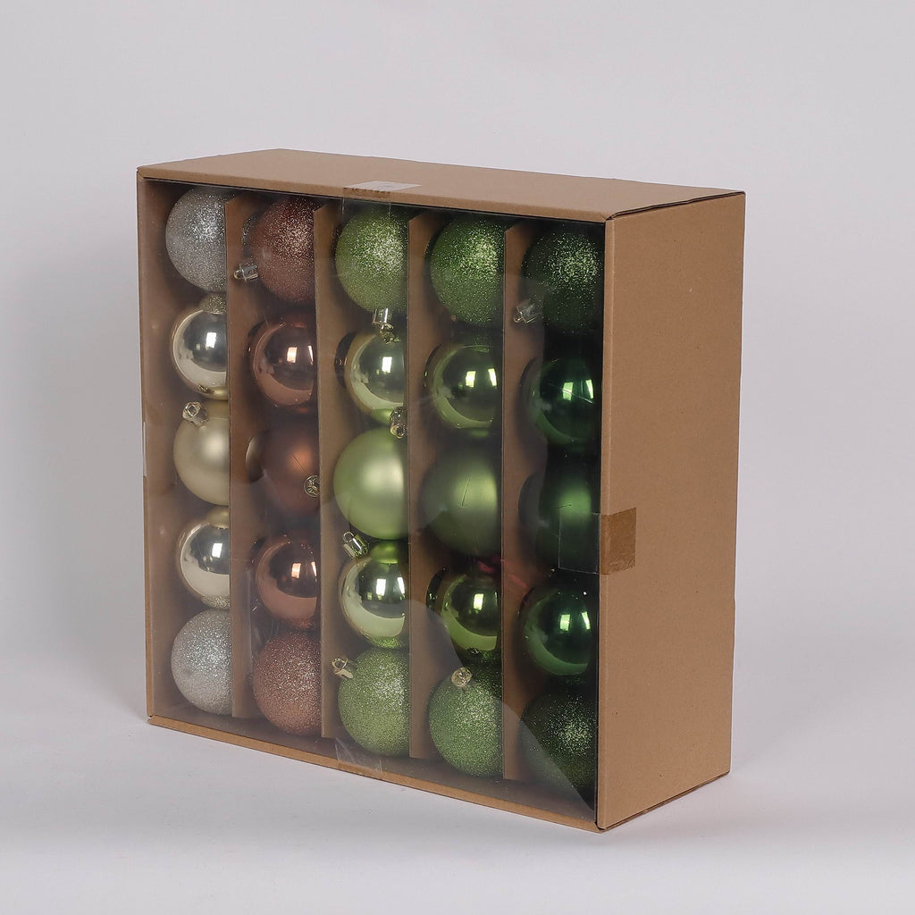 50 Shatterproof Ornaments box set - Green, Bronze and Silver