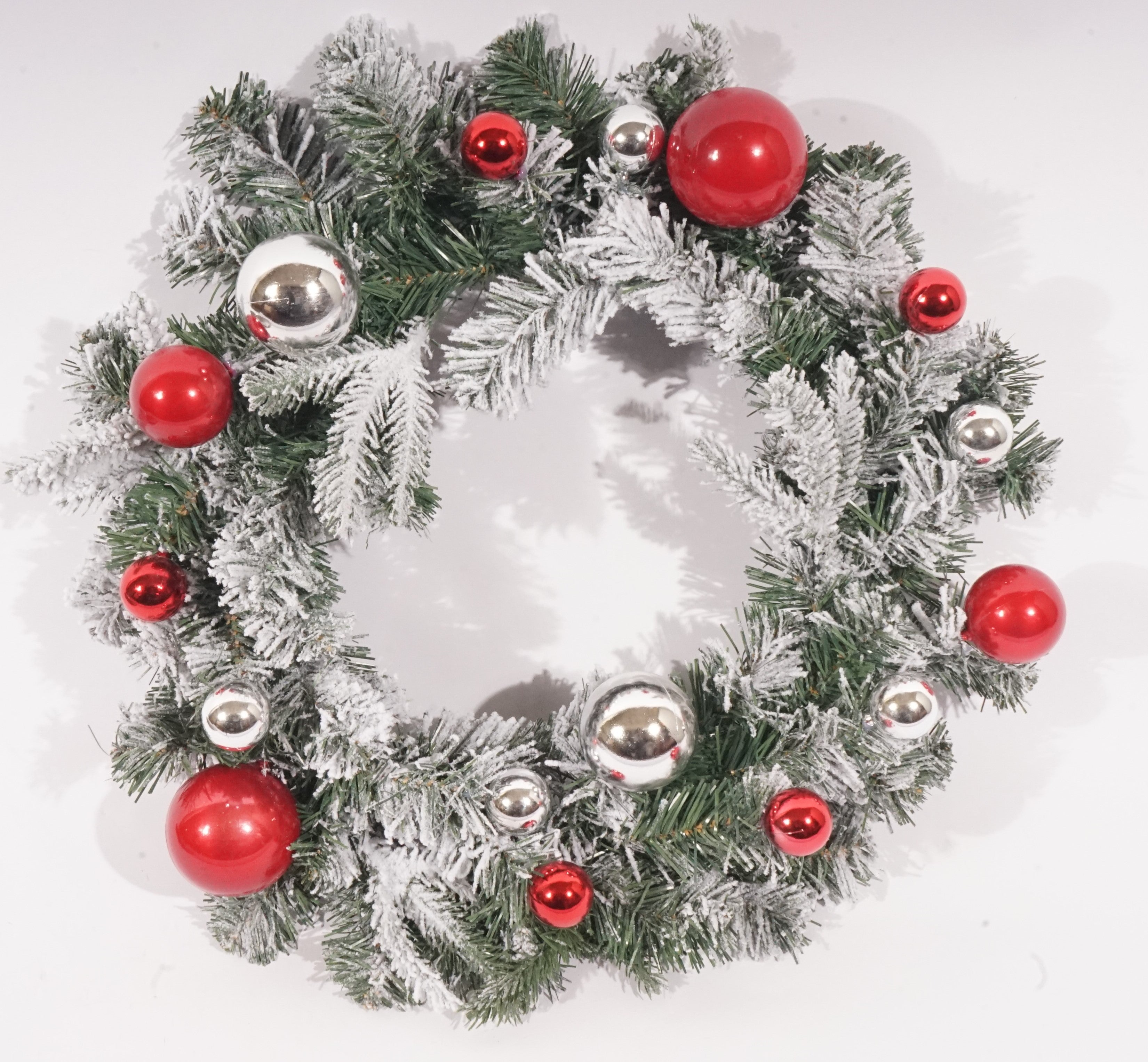 25” HT Flocked Greenery Red And Silver Shatterproof Wreath