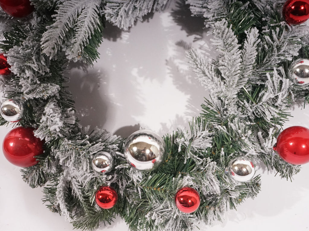 25” HT Flocked Greenery Red And Silver Shatterproof Wreath