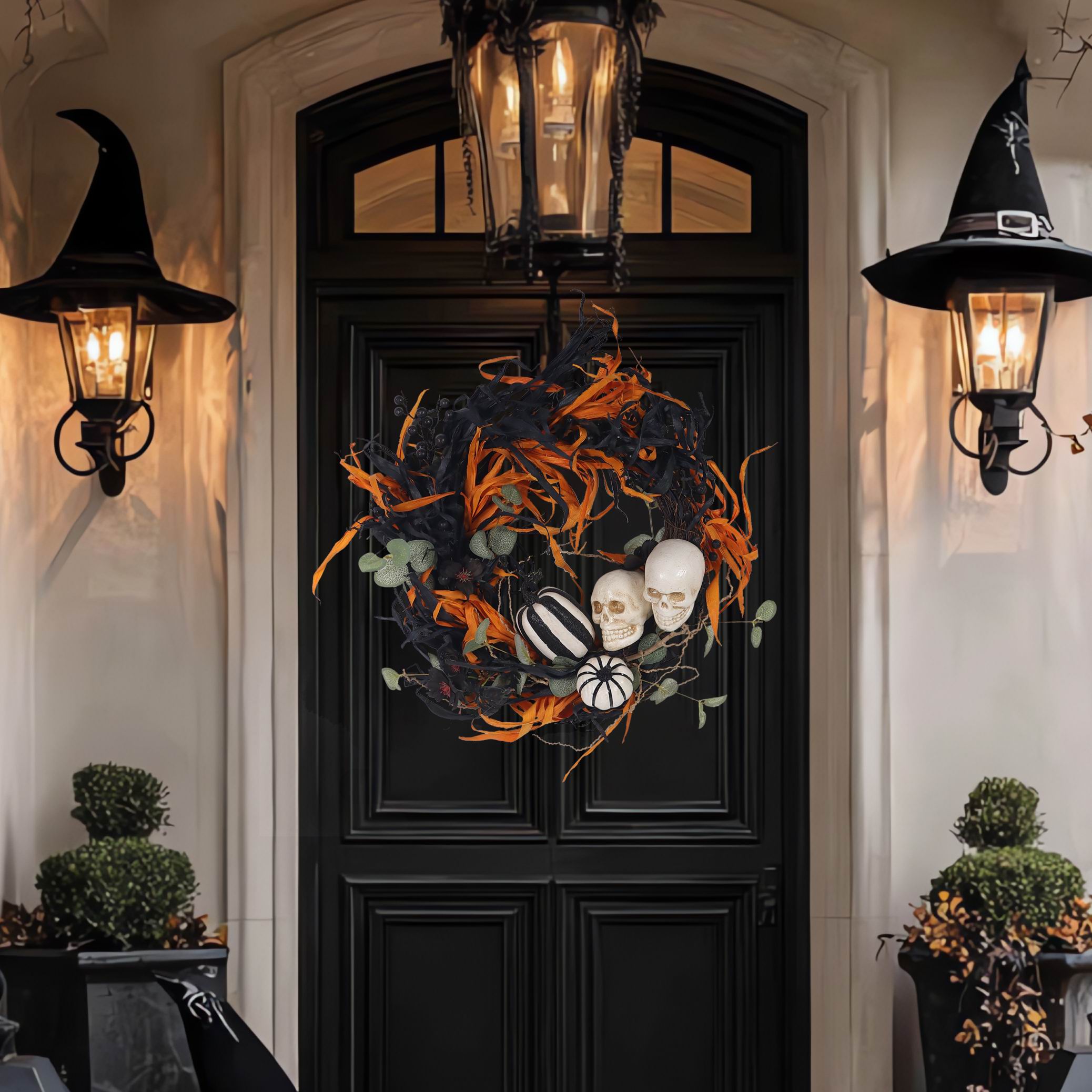 24" Halloween Wreath with Small Skulls & Pumpkins
