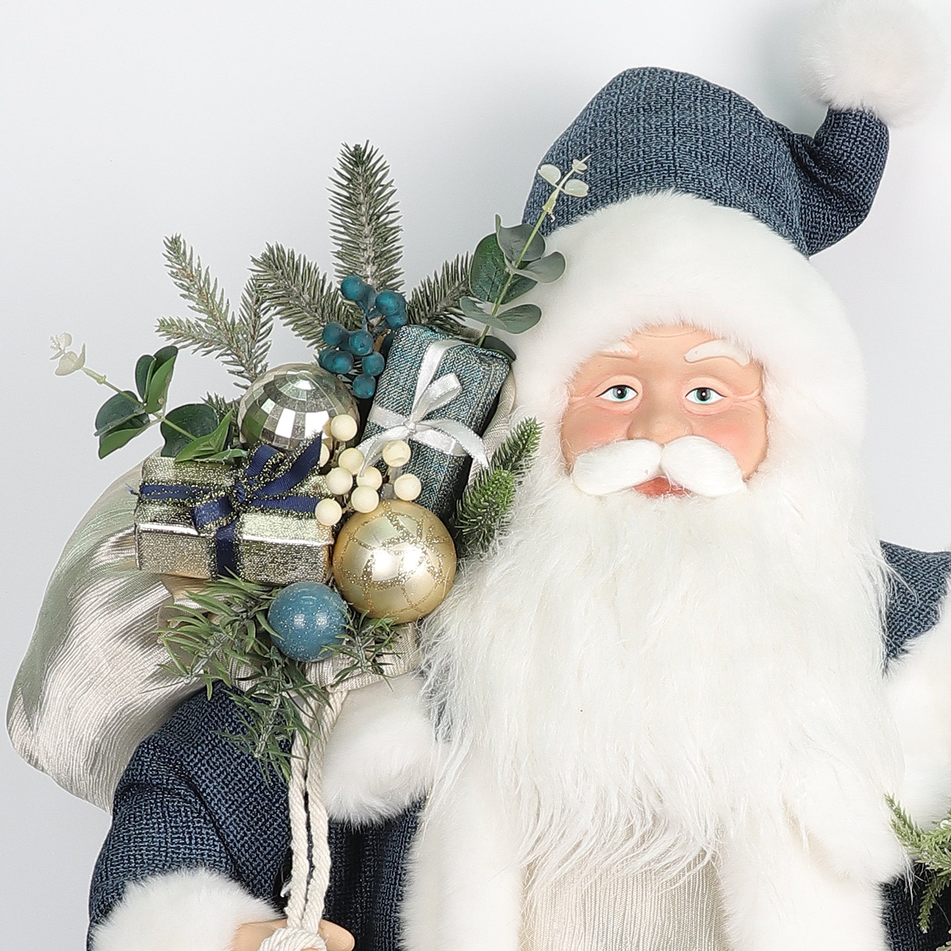 21 X 13 X 36"H TEAL SANTA SUITS SANTA HOLDING TREE