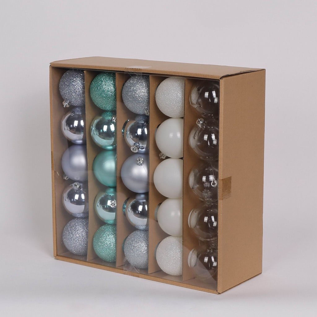 50 Shatterproof Ornaments box set - Turquoise, White, Dark Blue and Light Blue Grey