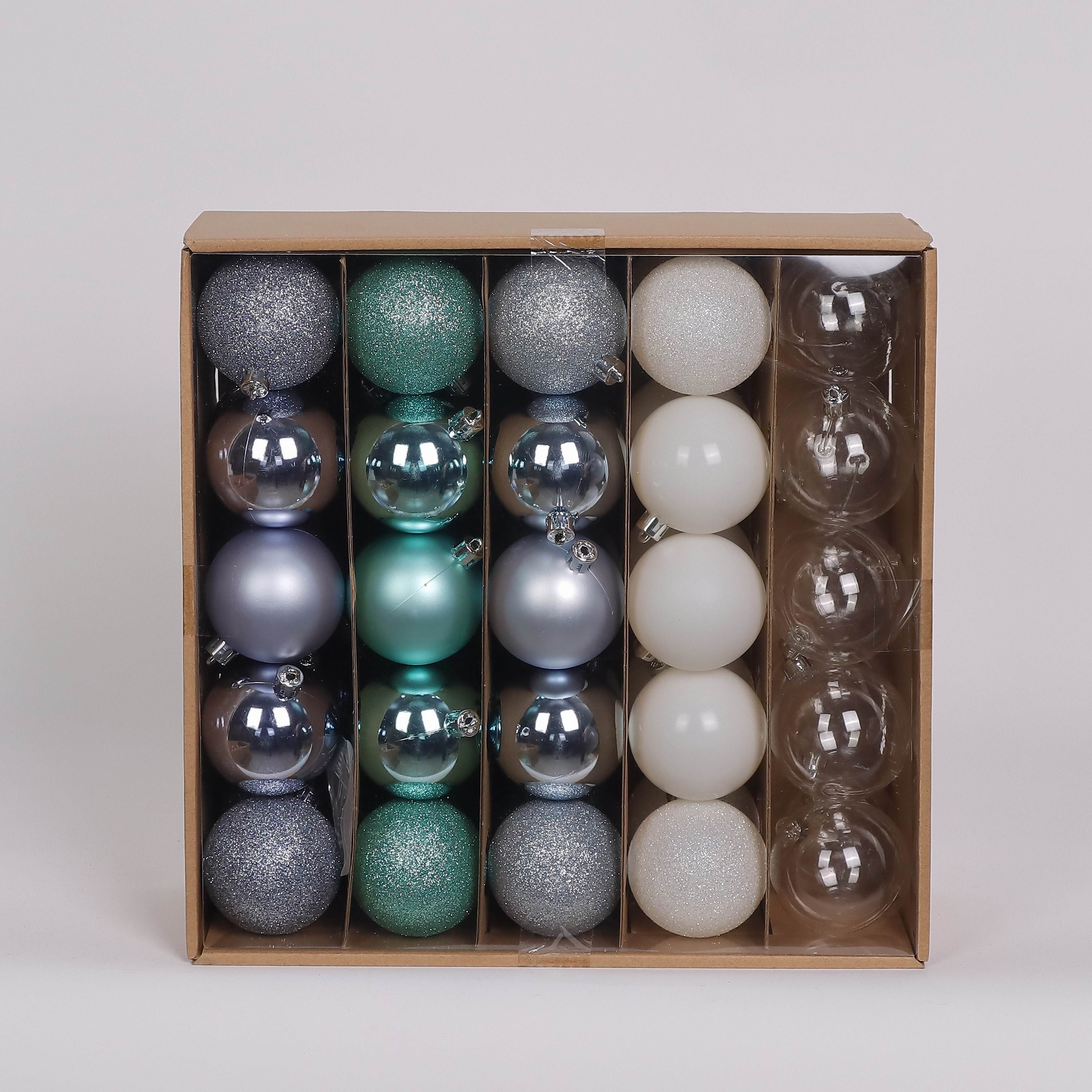 50 Shatterproof Ornaments box set - Turquoise, White, Dark Blue and Light Blue Grey