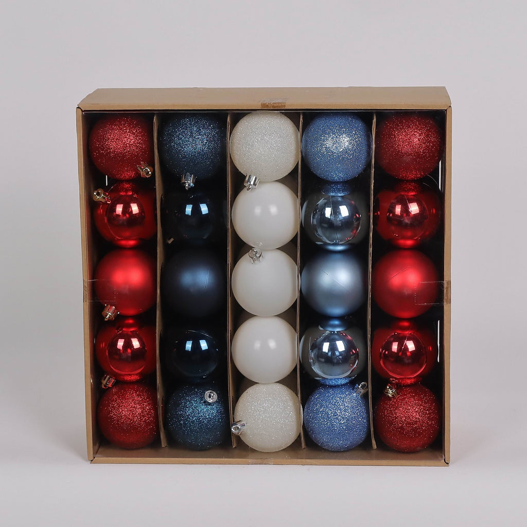 50 Shatterproof Ornaments box set - Red, Blue and White
