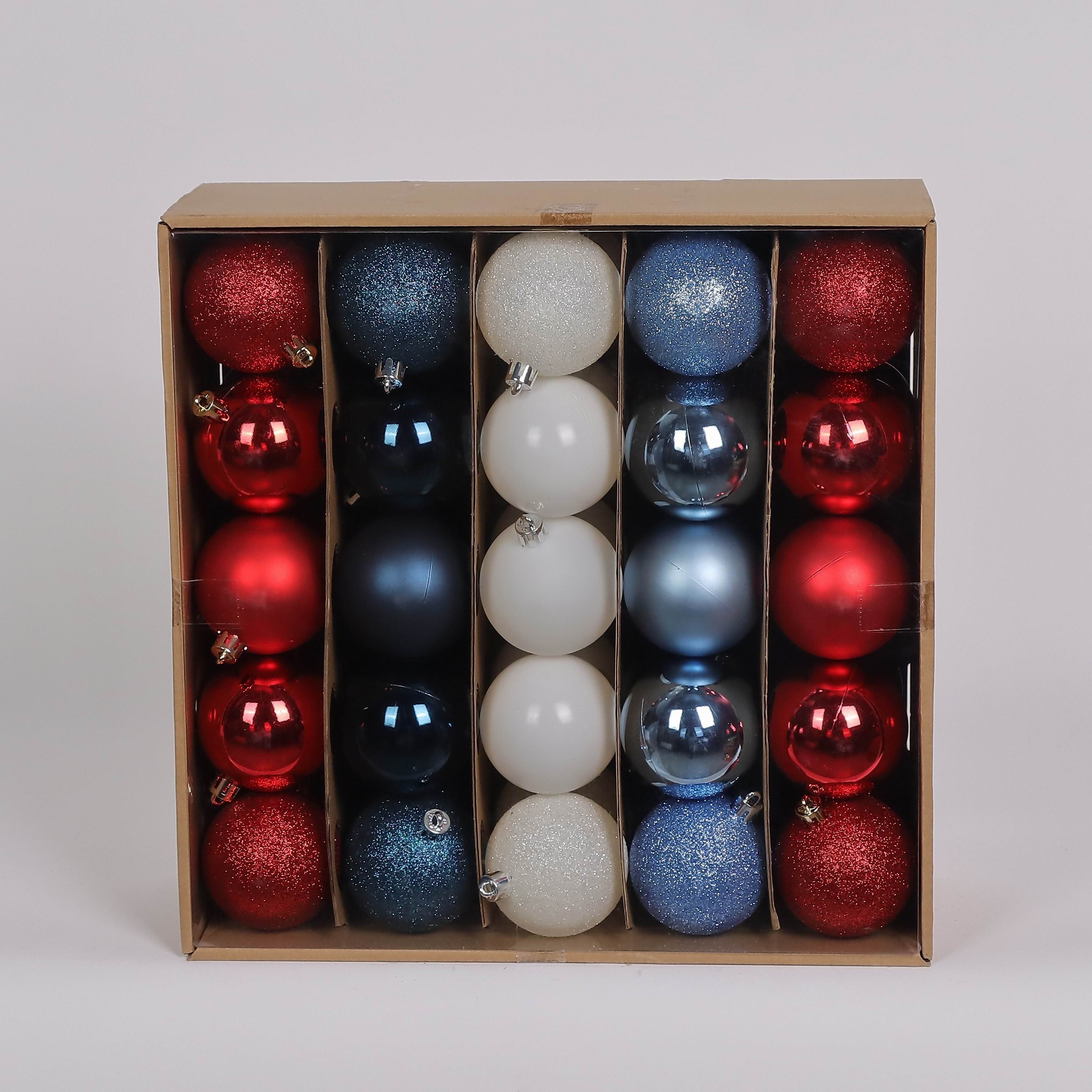 50 Shatterproof Ornaments box set - Red, Blue and White