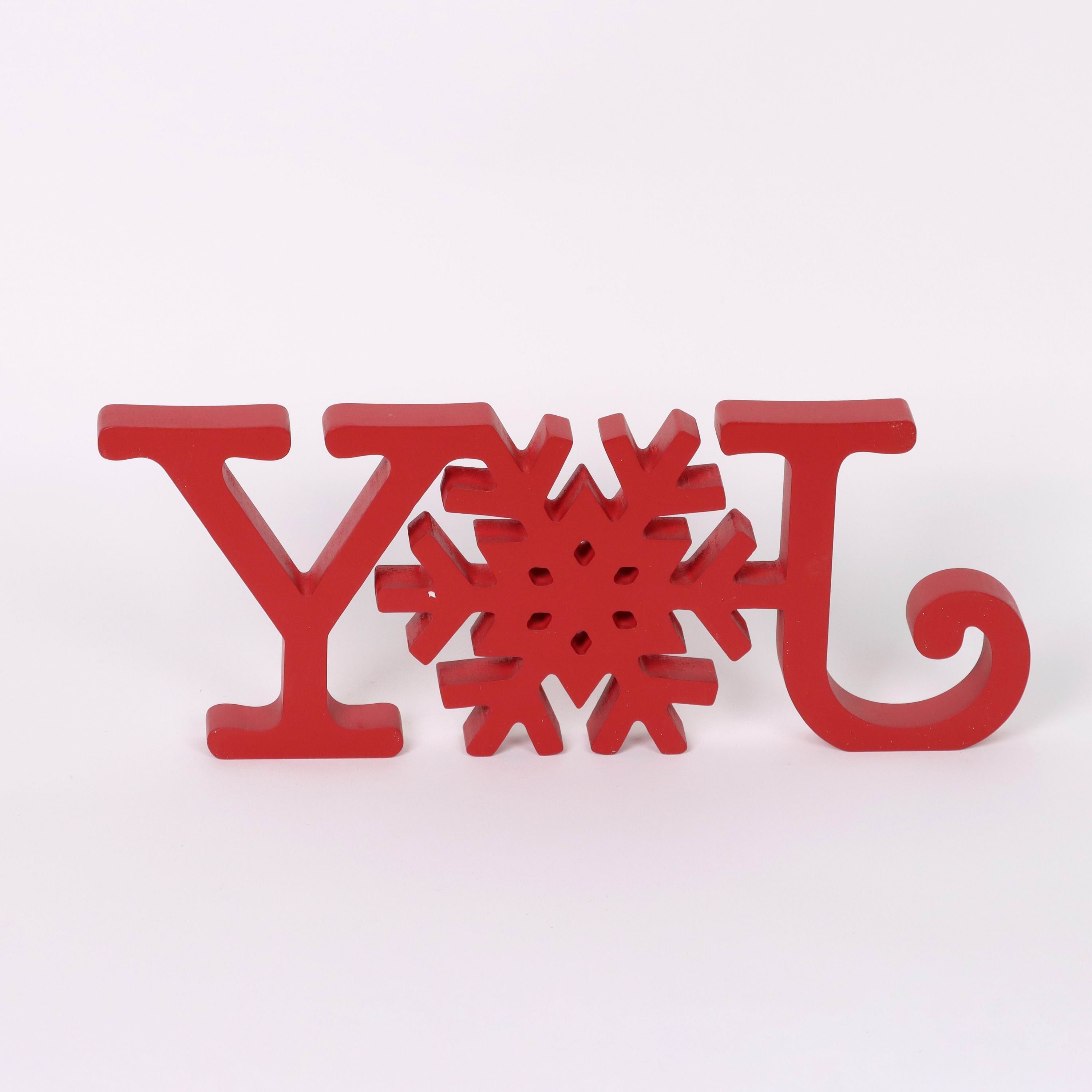 "JOY" red acrylic signage with snowflake