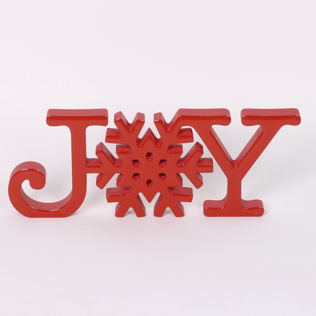 "JOY" red acrylic signage with snowflake