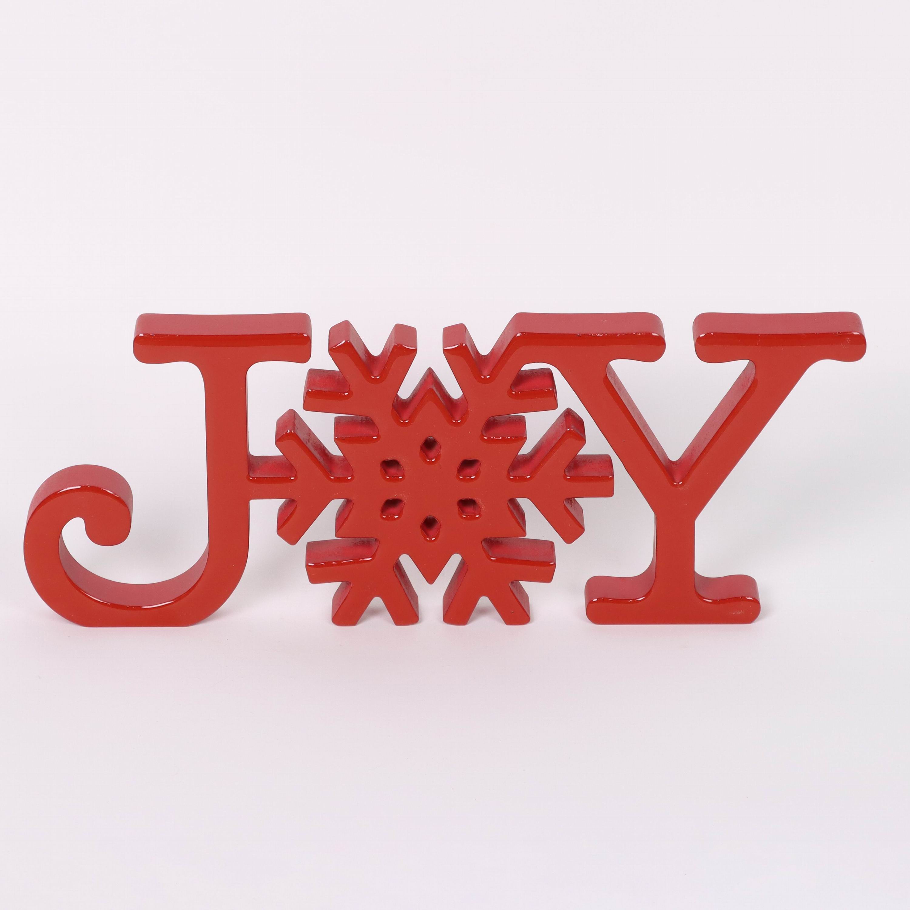 "JOY" red acrylic signage with snowflake