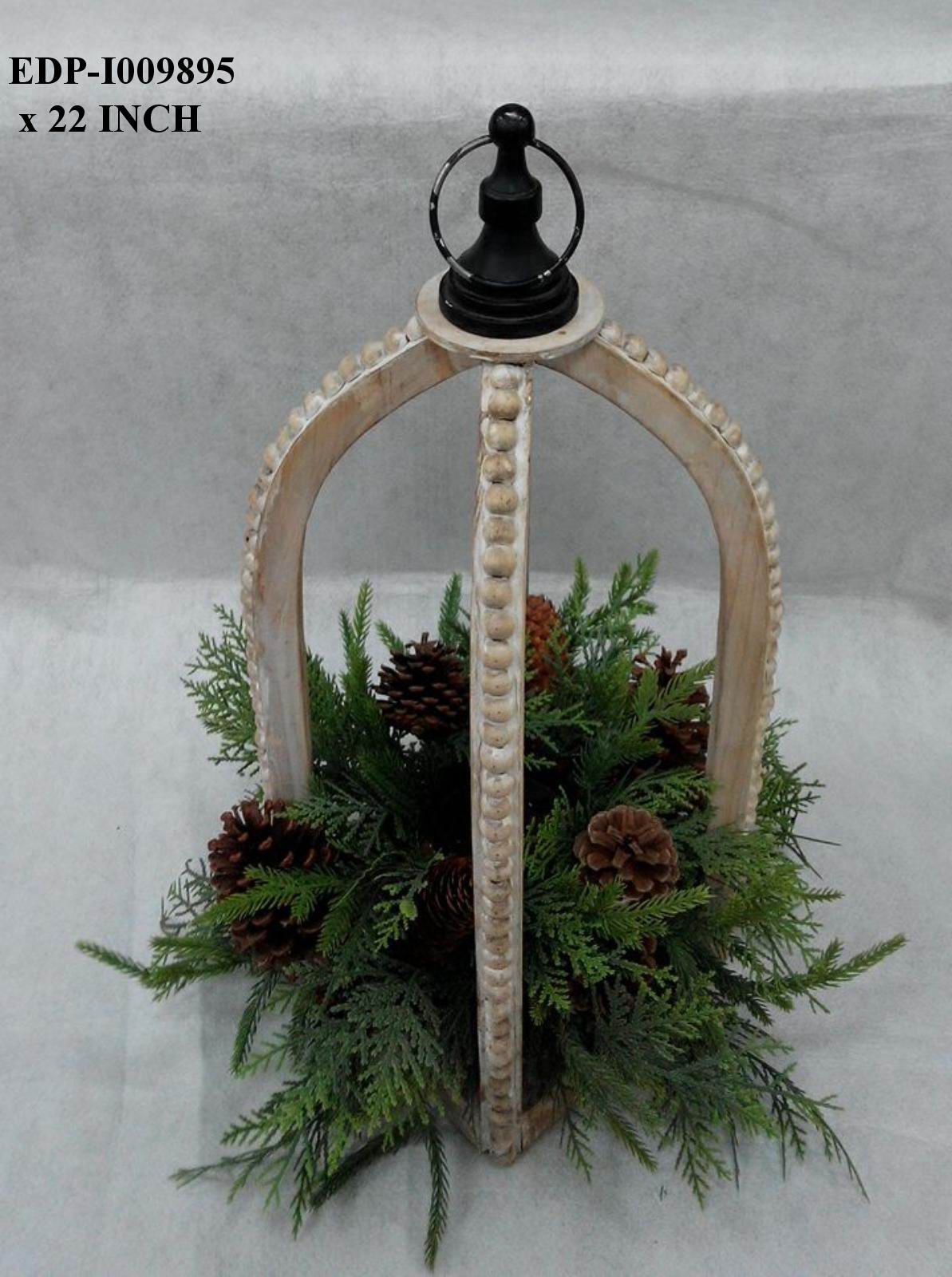 22"H. Wood Frame Lantern with PVC/Pinecones Arrangements
