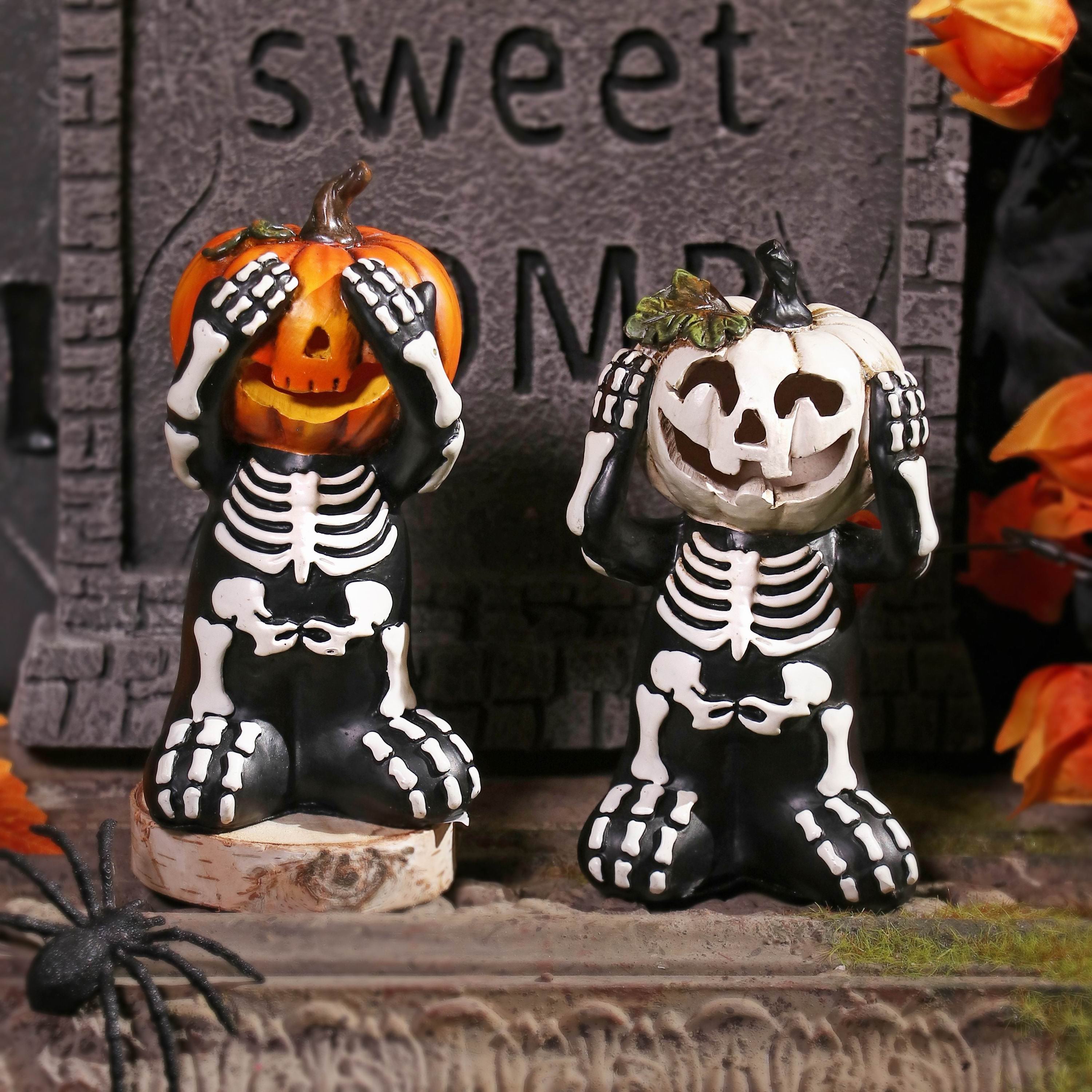 6"H. Halloween Table Top Skeleton with White Pumpkin Head
