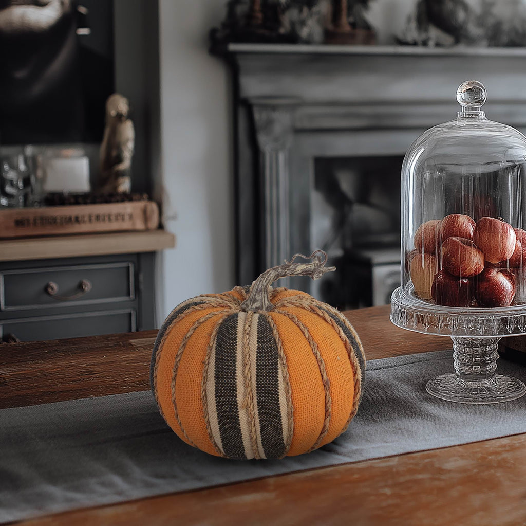 6" Halloween Fabric Pumpkin Black/ Orange Stripes