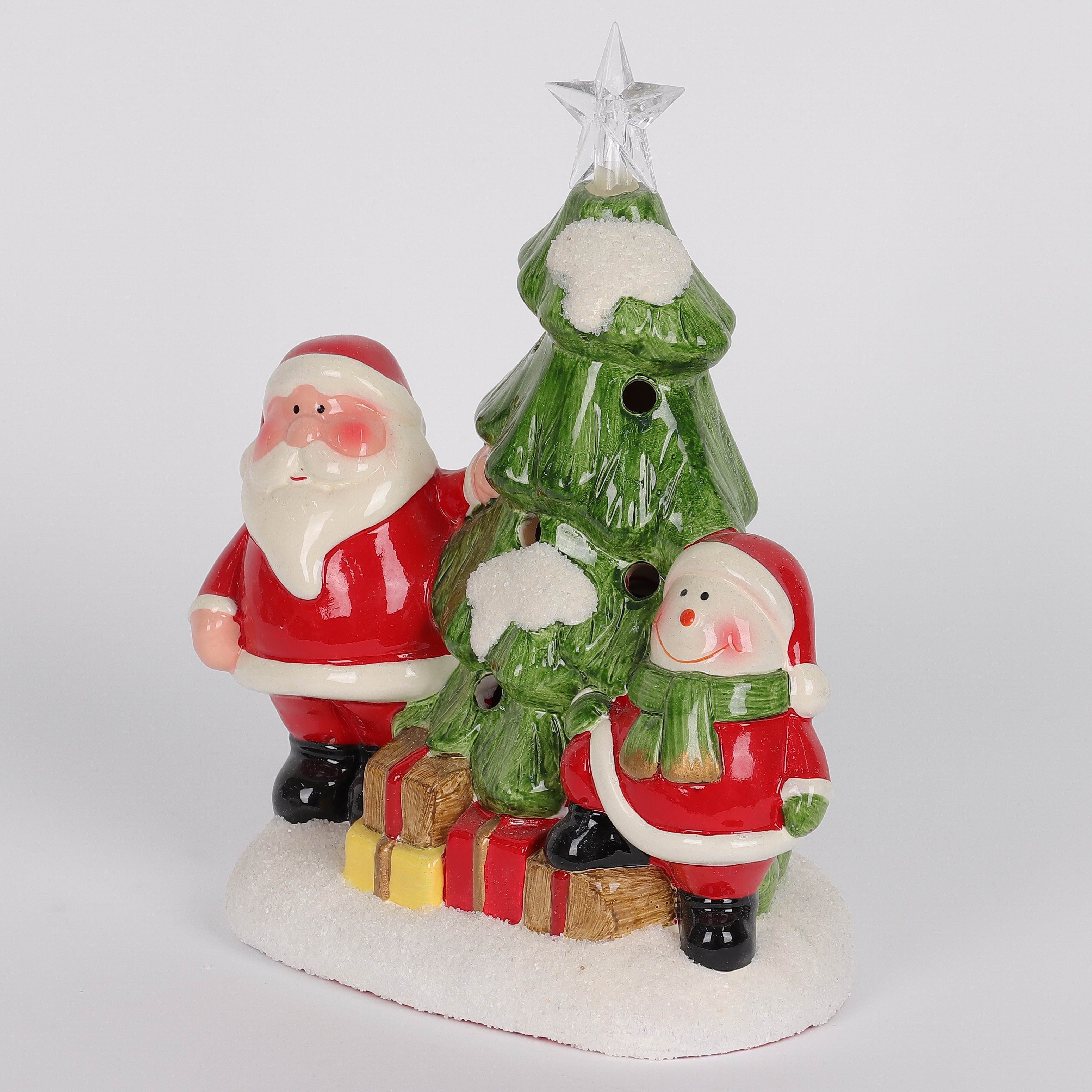 7.75 X 6 X 3.75"H CERAMIC SANTA & SNOWMAN WITH TREE DECOR