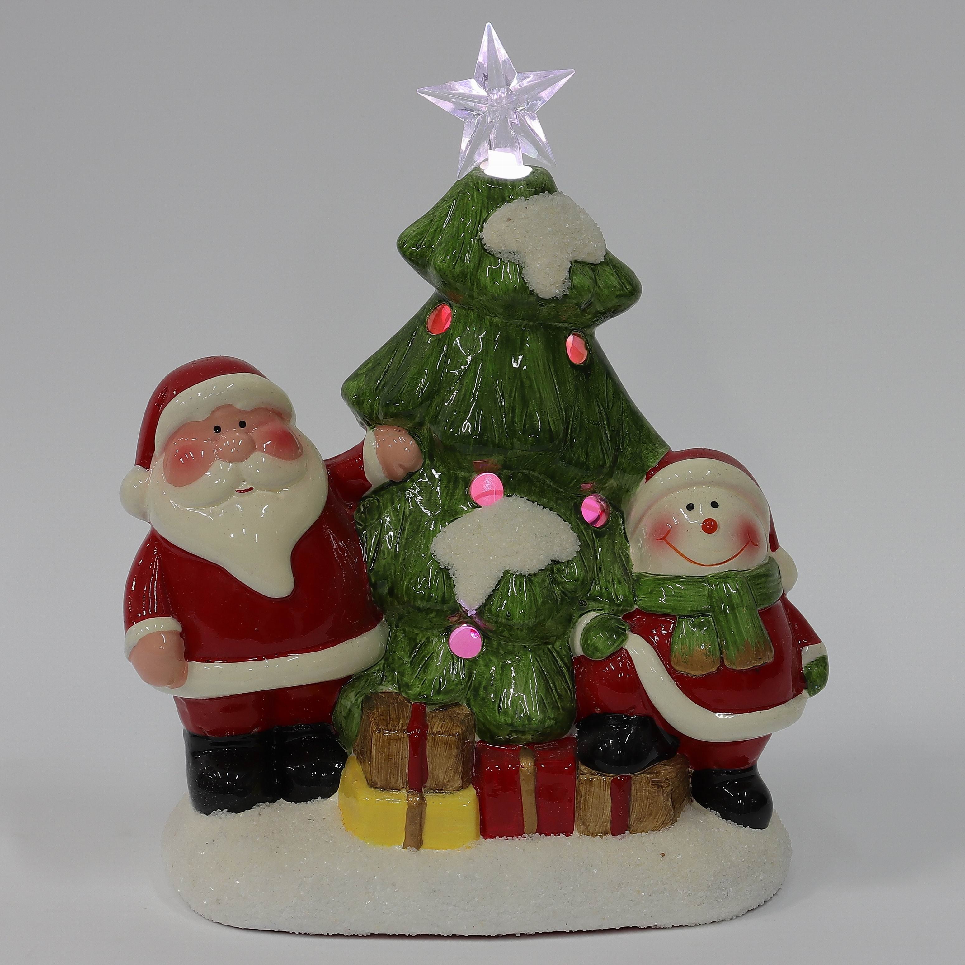 7.75 X 6 X 3.75"H CERAMIC SANTA & SNOWMAN WITH TREE DECOR