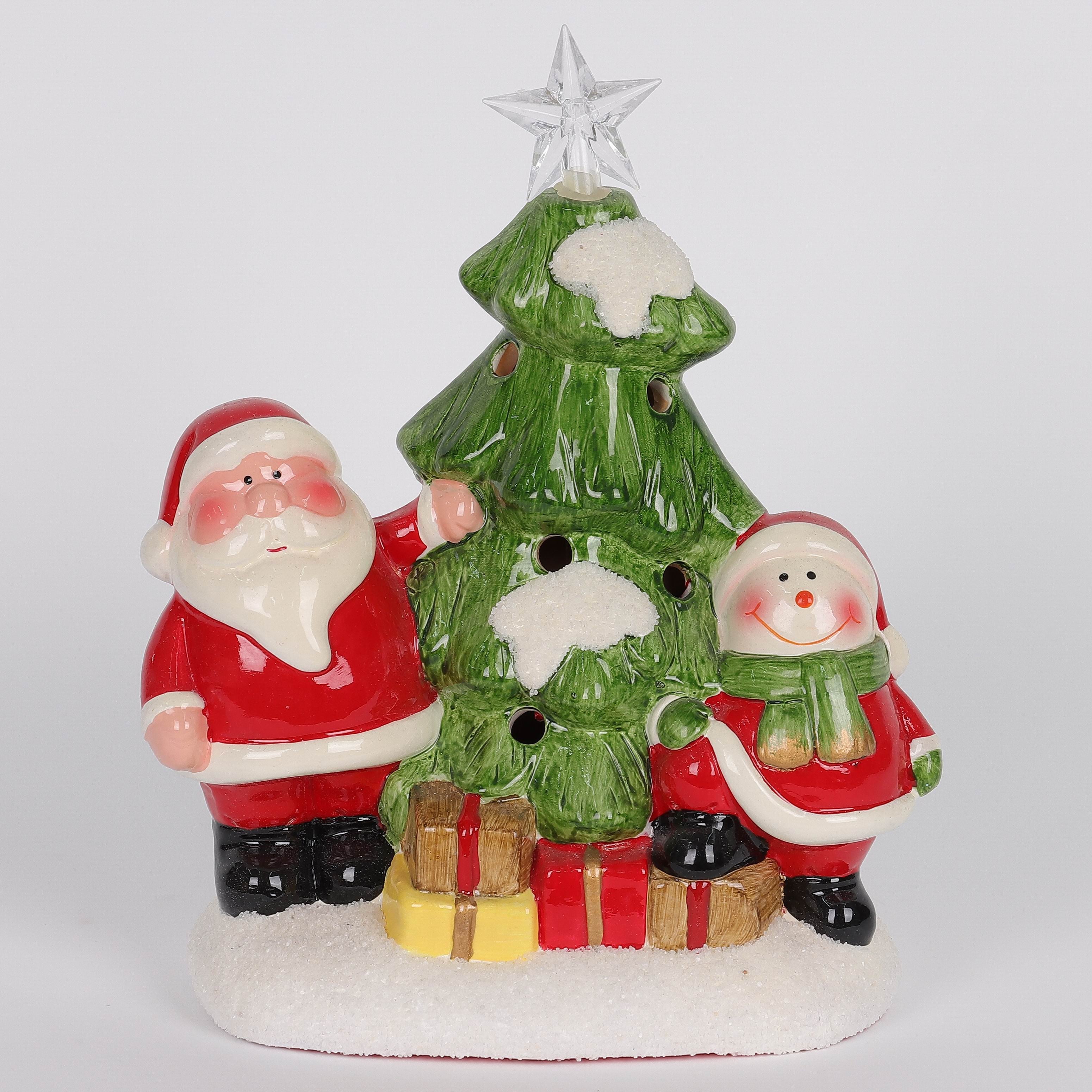 7.75 X 6 X 3.75"H CERAMIC SANTA & SNOWMAN WITH TREE DECOR