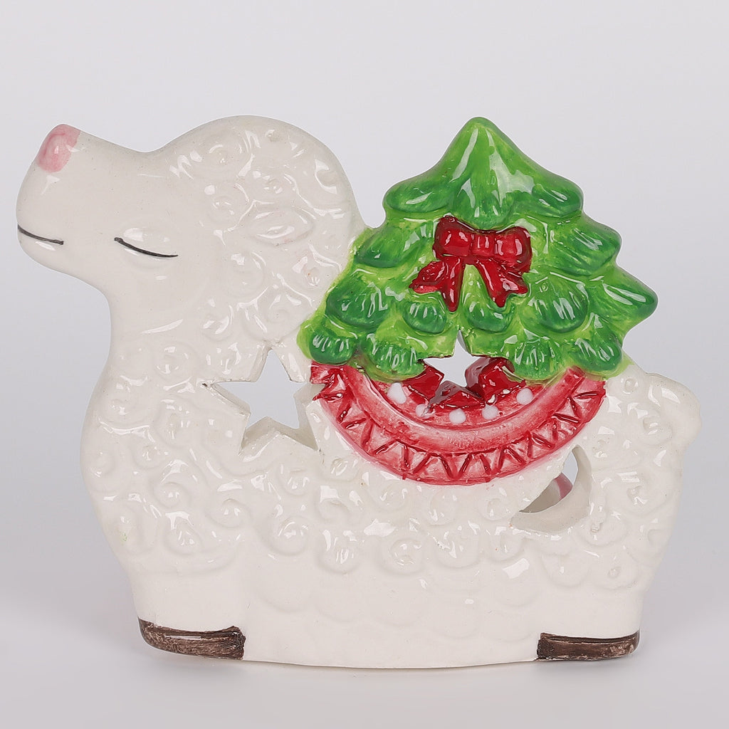 4 X 2.75 X 3.5"H CERAMIC LAMA W/ TREE TEA LIGHT HOLDER OR DECOR